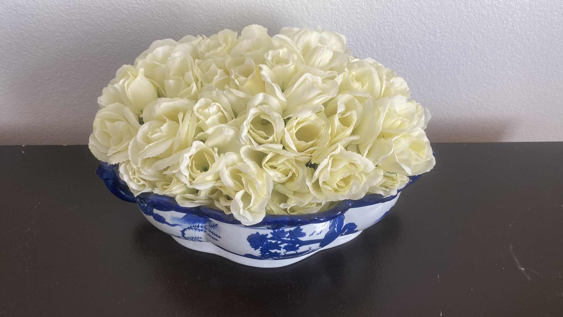 Photo 1 of FAUX ROSES IN CERAMIC BLUE & WHITE BOMBAY BOWL 16” x 6”