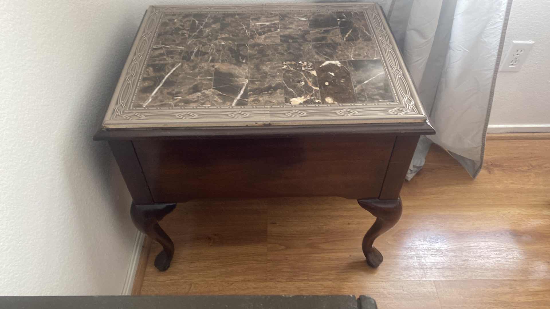 Photo 1 of AMERICAN DREW CHERRYWOOD 2 DRAWER END TABLE WITH MARBLED TILES TOP & QUEEN ANNE LEGS 20“ x 26“ H23”
