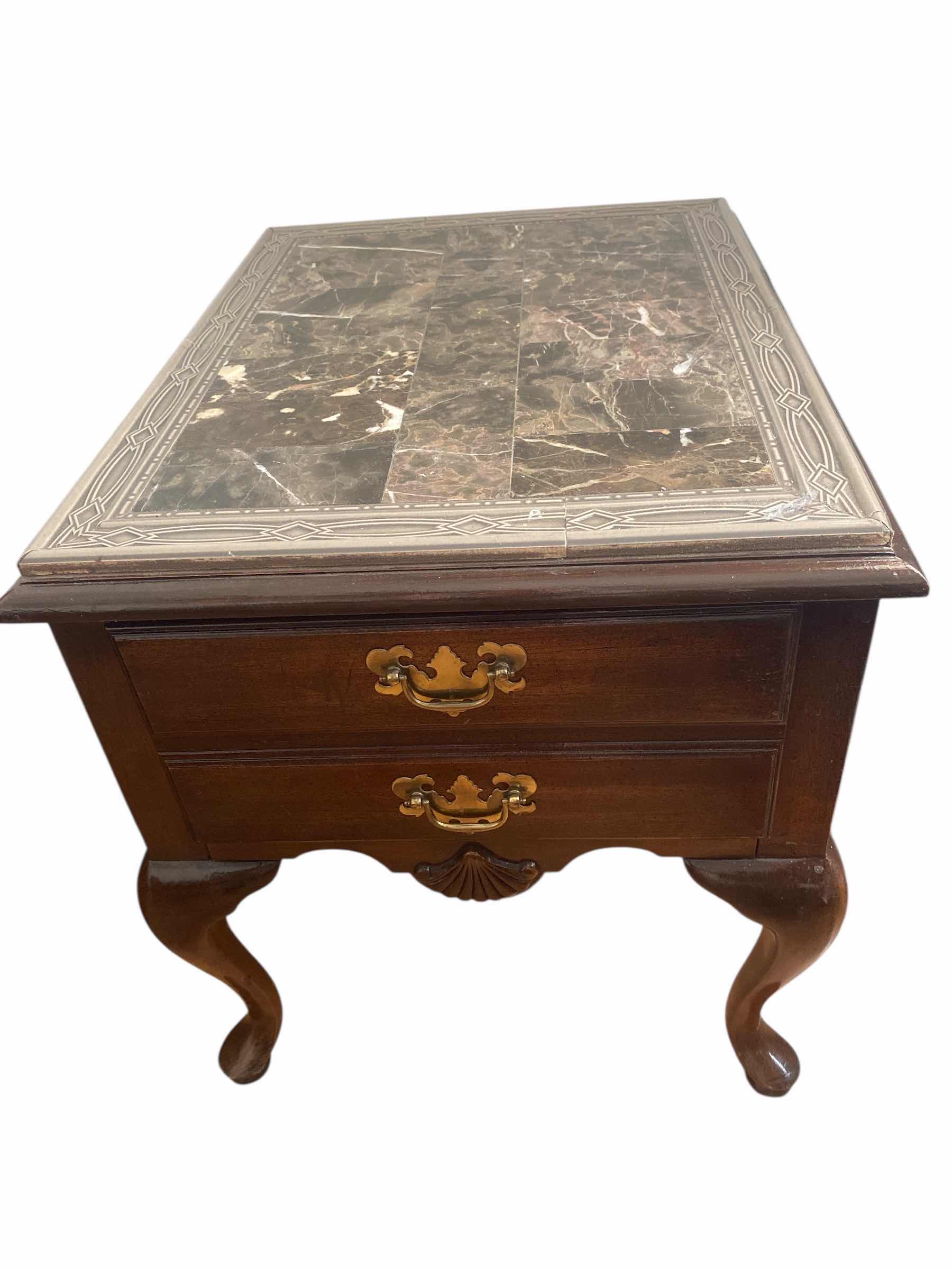Photo 1 of AMERICAN DREW CHERRYWOOD 2 DRAWER END TABLE WITH MARBLED TILES TOP & QUEEN ANNE LEGS 20“ x 26“ H23”