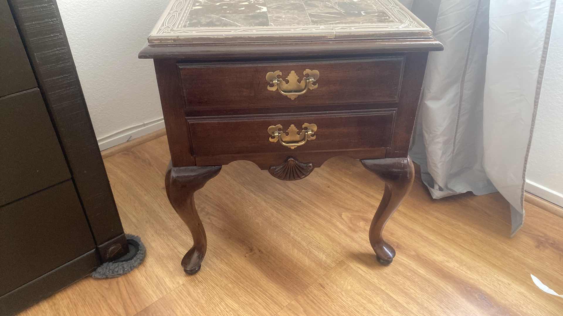 Photo 1 of AMERICAN DREW CHERRYWOOD 2 DRAWER END TABLE WITH MARBLED TILES TOP & QUEEN ANNE LEGS 20“ x 26“ H23”