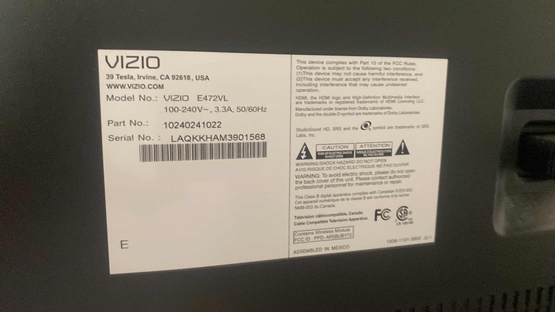 Photo 1 of 47” VIZIO TV WITH REMOTE