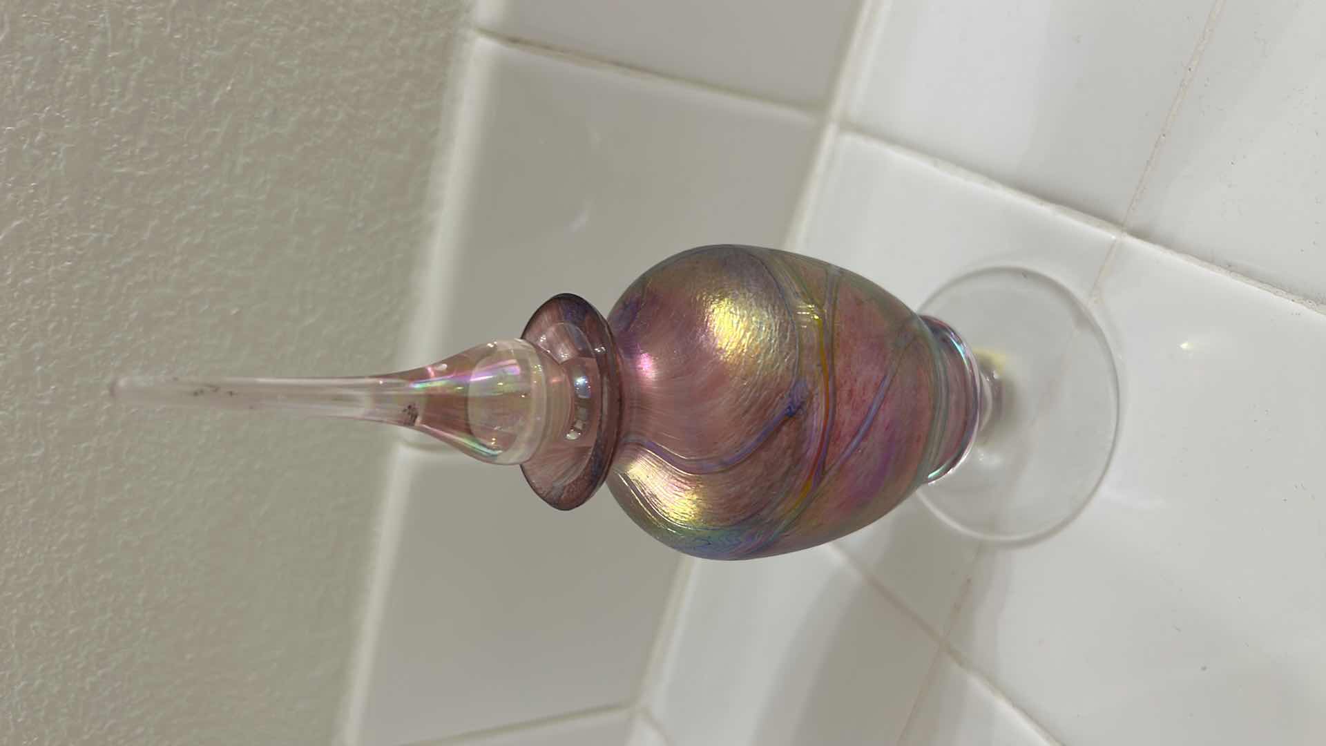 Photo 1 of IRIDESCENT GLASS PERFUME BOTTLE  H7.5”