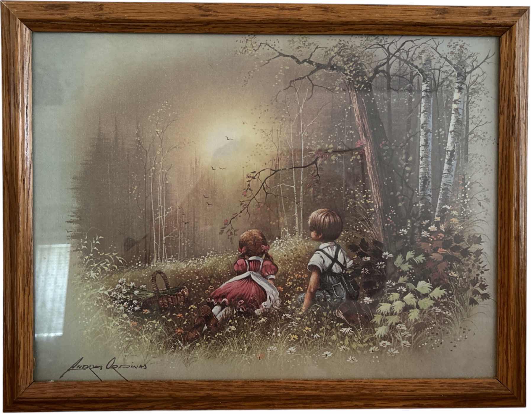 Photo 1 of VINTAGE FRAMED PRINT  "KIDS IN THE WOODS” BY ANDRES ORPINAS Kids in the Woods" ARTWORK 17.25” x H13.5”