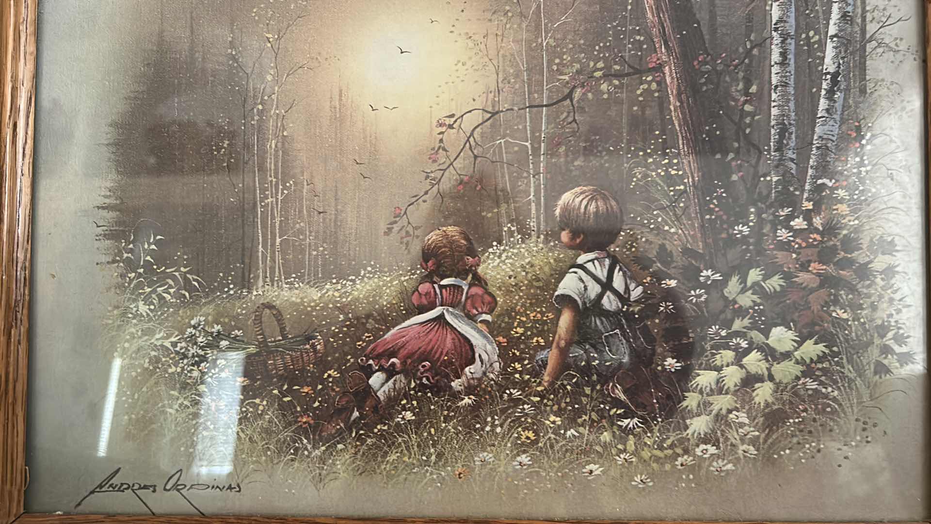 Photo 3 of VINTAGE FRAMED PRINT  "KIDS IN THE WOODS” BY ANDRES ORPINAS Kids in the Woods" ARTWORK 17.25” x H13.5”