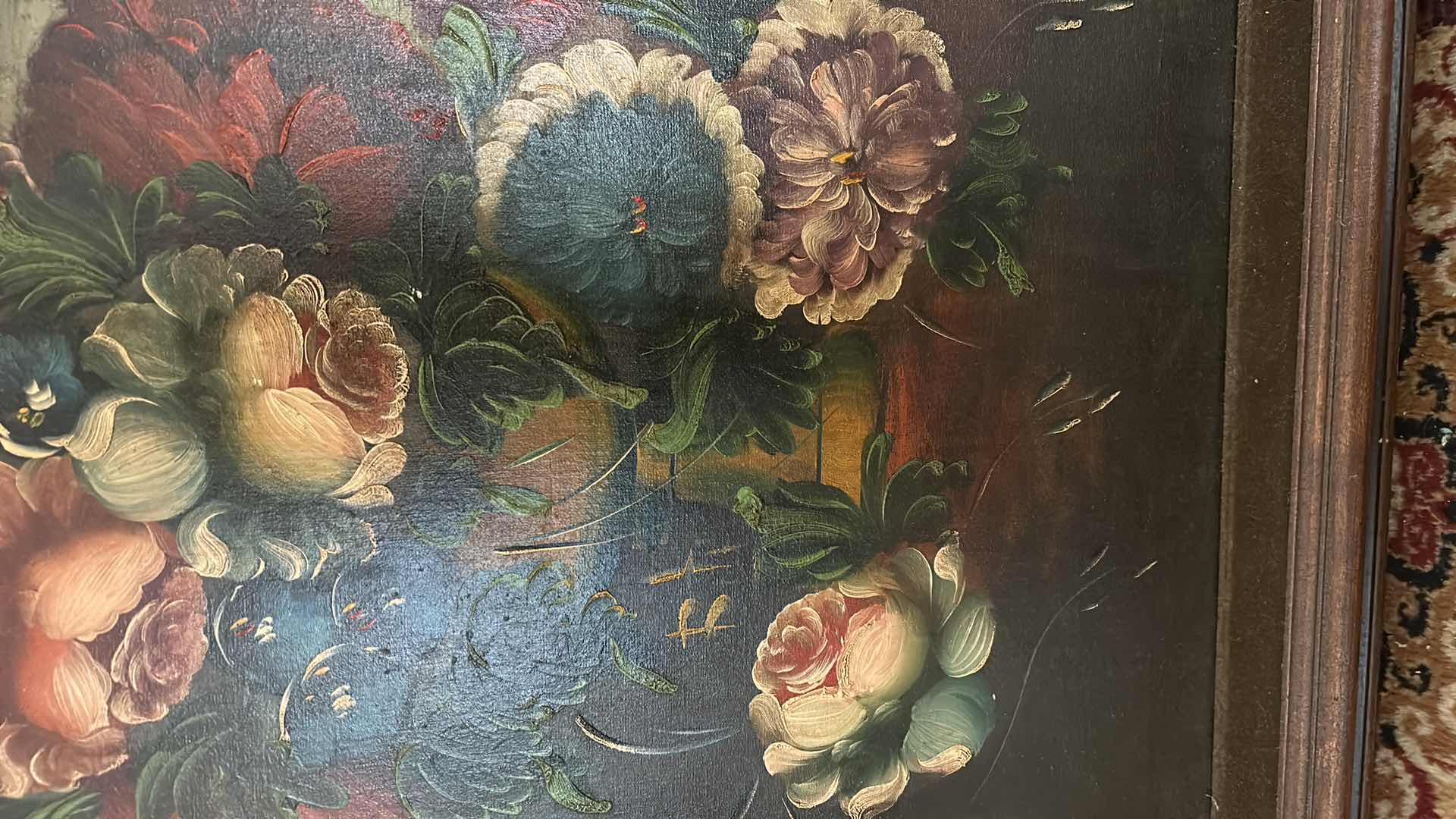 Photo 3 of VINTAGE OIL ON CANVAS STILL LIFE FLORAL ARTWORK 26” x H34”