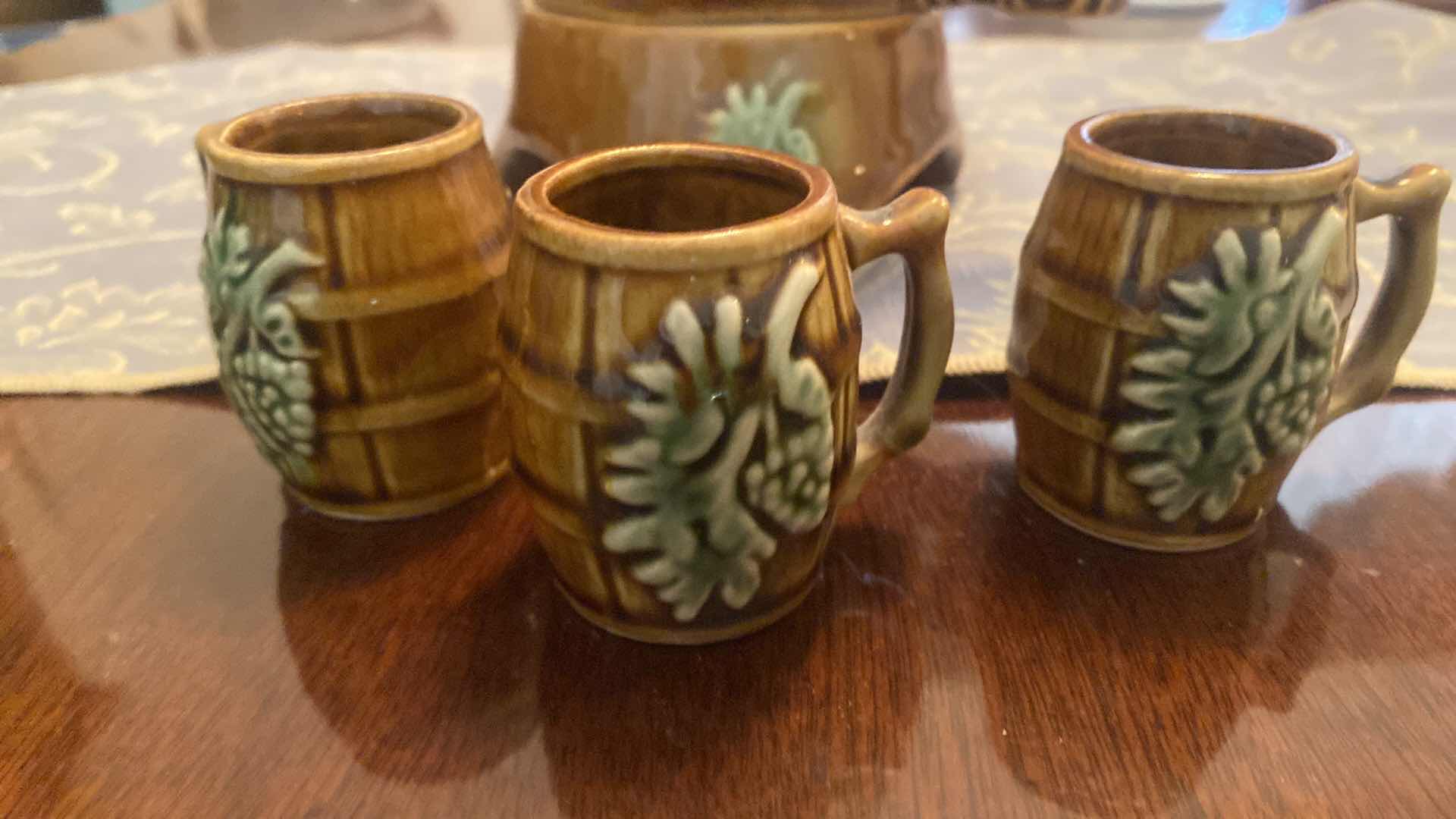 Photo 1 of CERAMIC BARREL PITCHER W/ 3 CUPS H9”