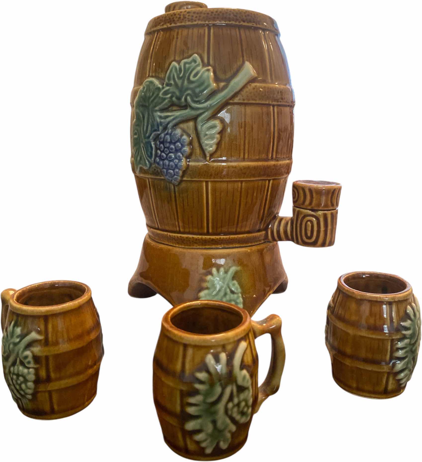 Photo 1 of CERAMIC BARREL PITCHER W/ 3 CUPS H9”