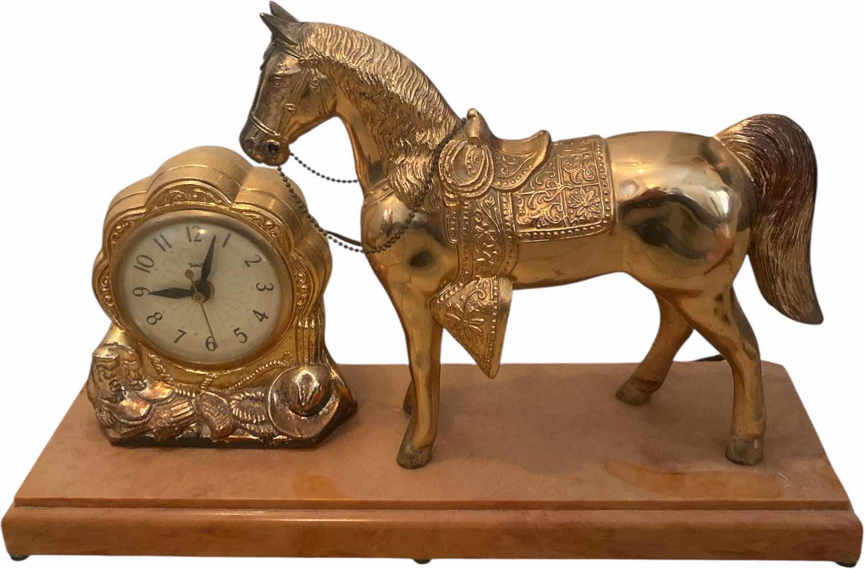 Photo 1 of CAST GOLD CLOCK & HORSE ON PLASTIC STAND (hollow) 17“ x 5“ H11”