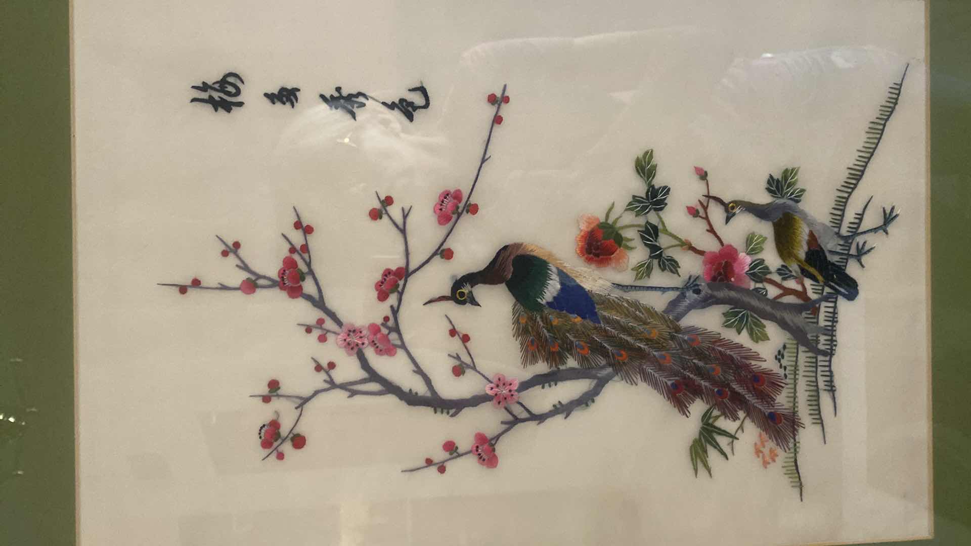 Photo 1 of FRAMED PEACOCK IN FABRIC ARTWORK 17” x 22”