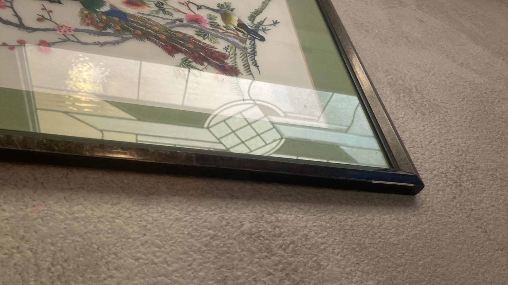 Photo 1 of FRAMED PEACOCK IN FABRIC ARTWORK 17” x 22”