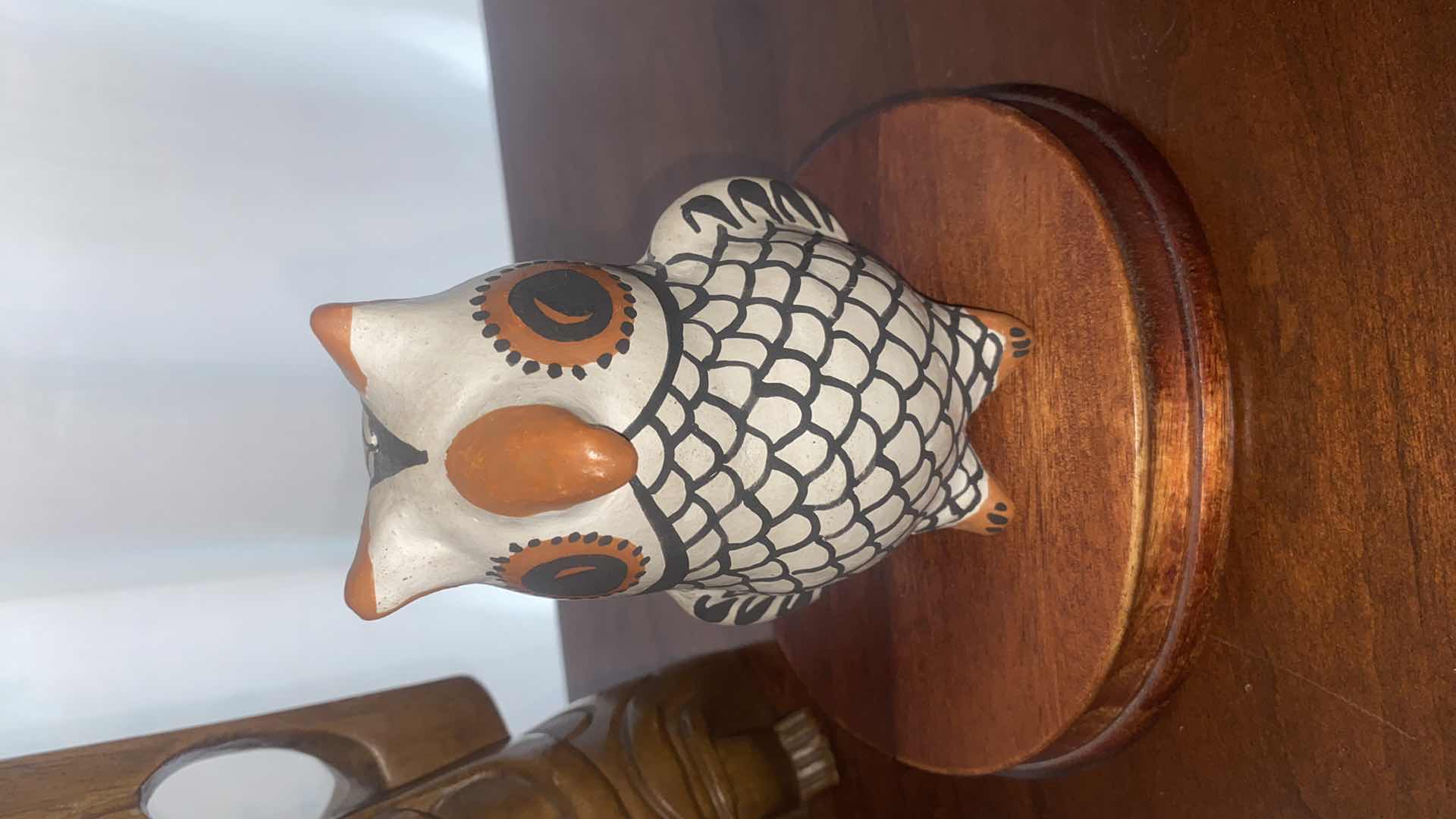 Photo 1 of 2 CARVED WOOD BIRD & MAN & CLAY OWL TALLEST H9 1/2”