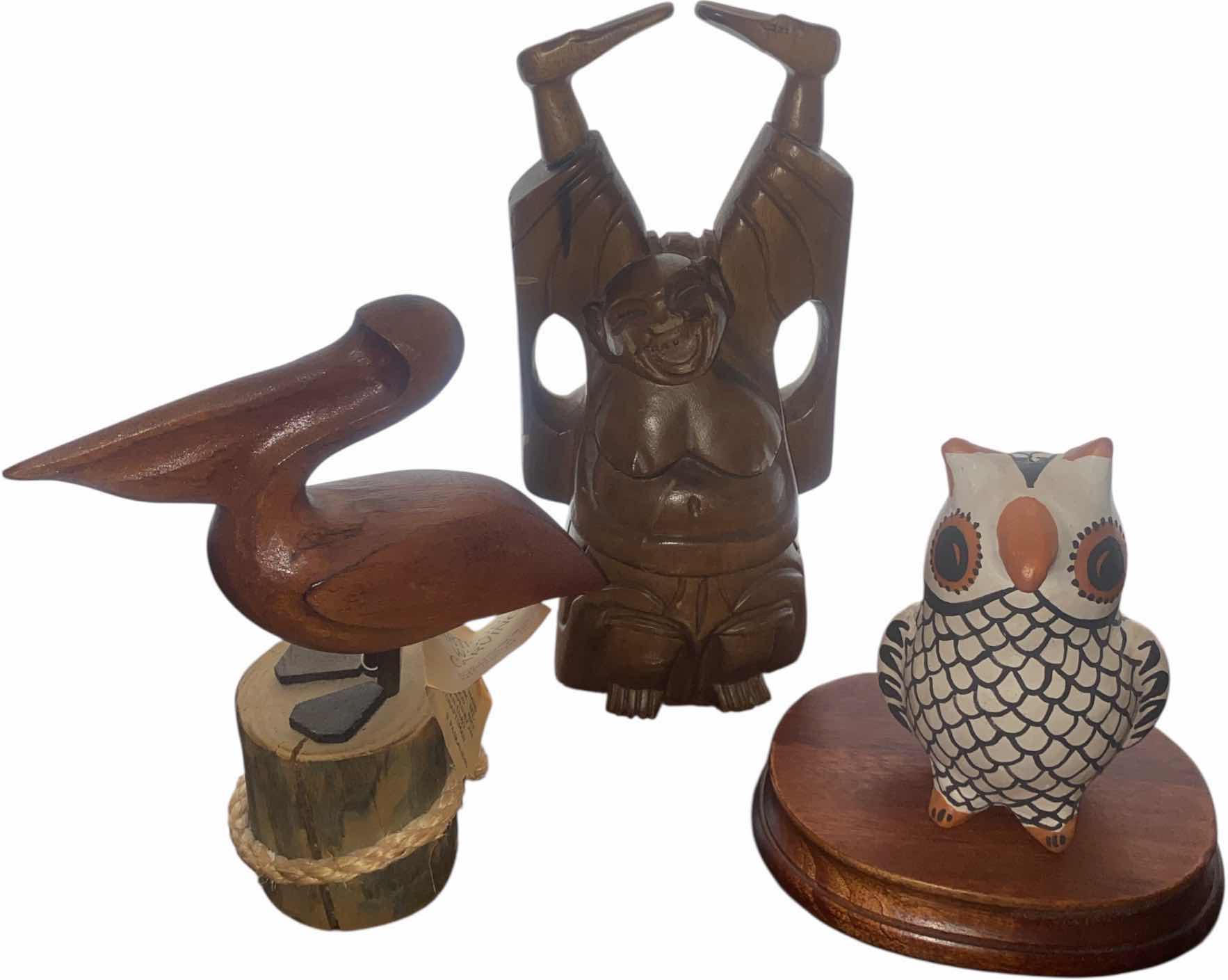 Photo 1 of 2 CARVED WOOD BIRD & MAN & CLAY OWL TALLEST H9 1/2”