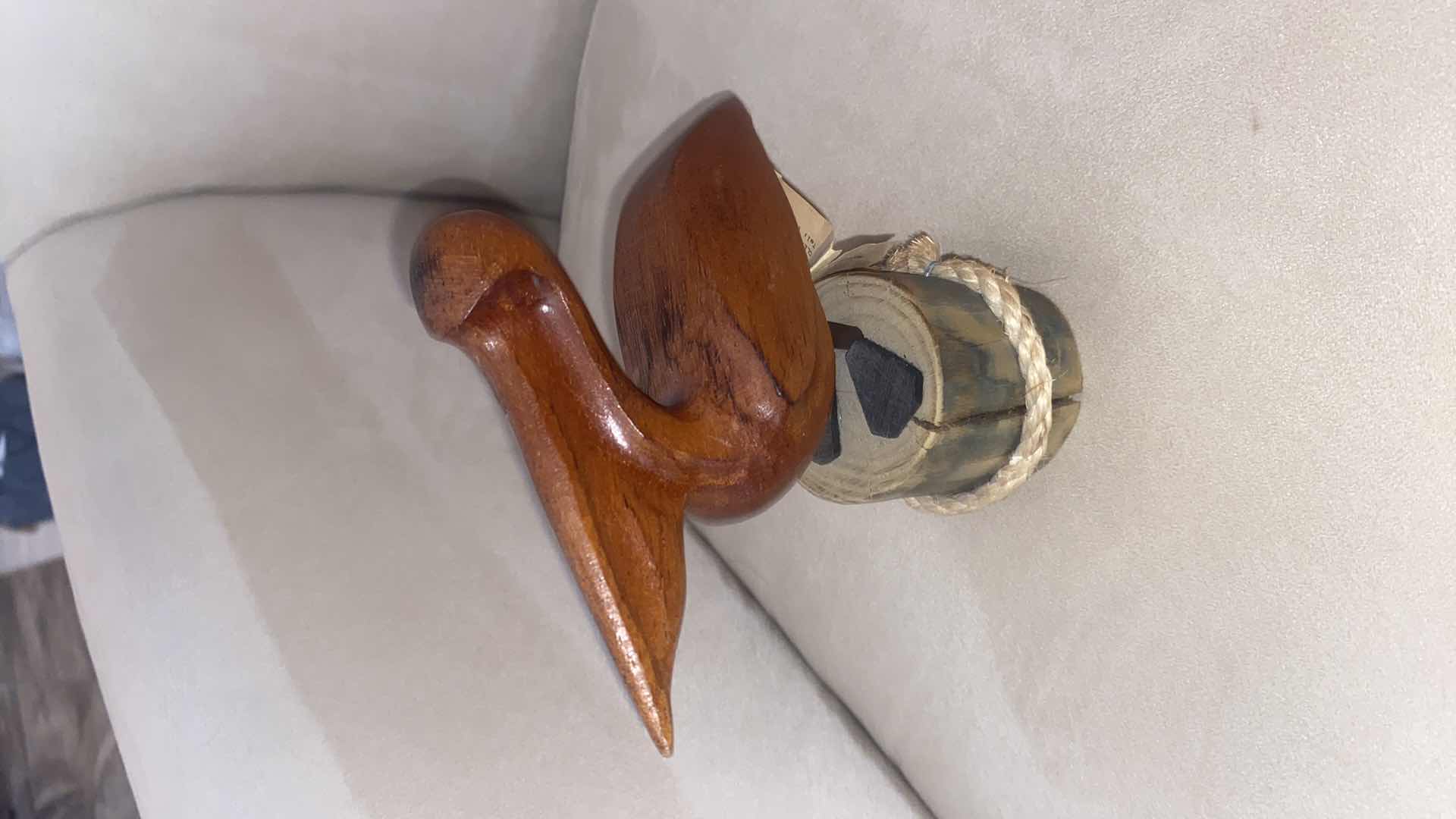 Photo 1 of 2 CARVED WOOD BIRD & MAN & CLAY OWL TALLEST H9 1/2”