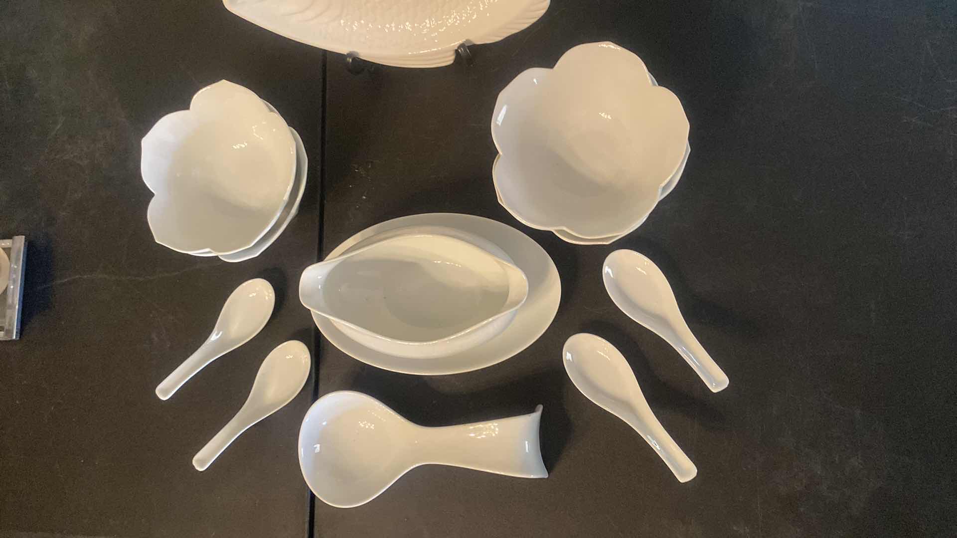 Photo 2 of 11 - WHITE BOWLS, FISH PLATE, SPOONS & SAUCE BOWL