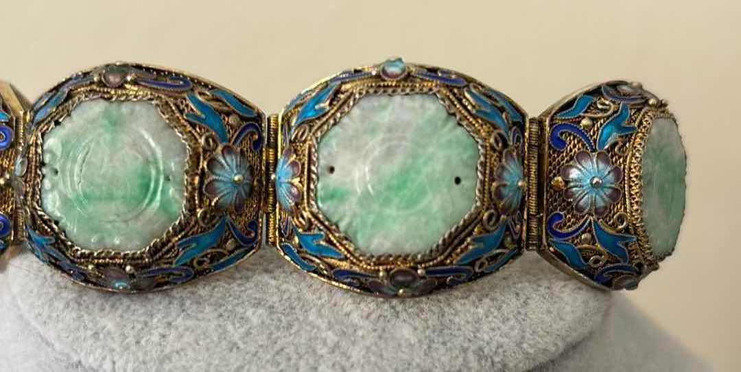 Photo 1 of CHINESE SILVER AND JADE FILLIGREE BRACELET