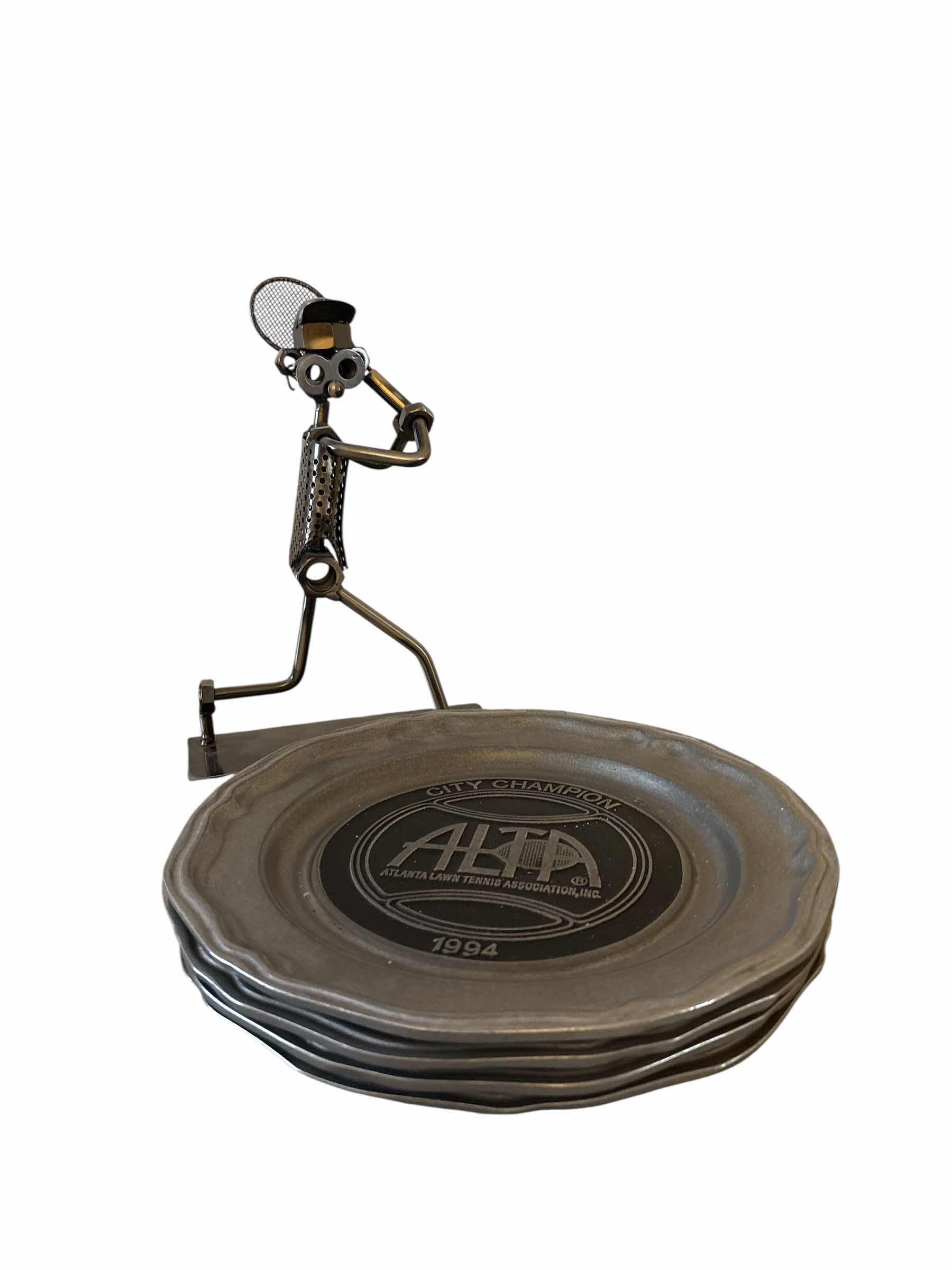 Photo 1 of CARSON ALTA TENNIS CHAMPION PEWTER PLATES SET OF 4 AND FIGURINE 10”