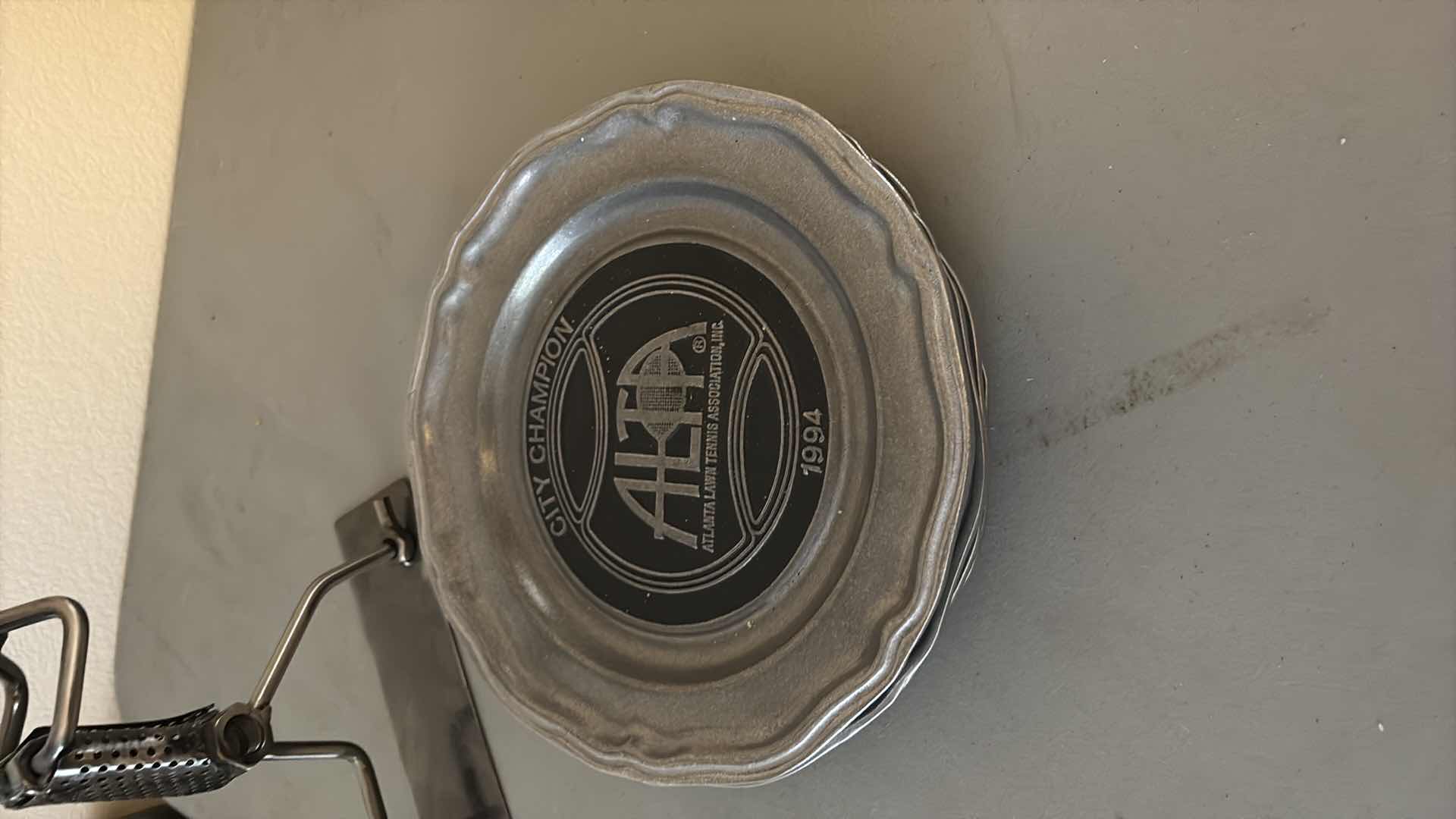 Photo 1 of CARSON ALTA TENNIS CHAMPION PEWTER PLATES SET OF 4 AND FIGURINE 10”