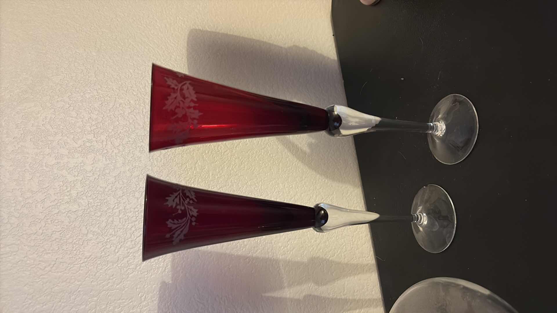 Photo 1 of CHRISTMAS FLUTES 11” AND GLASS DECANTER SMALL CHIP 9”x11”H