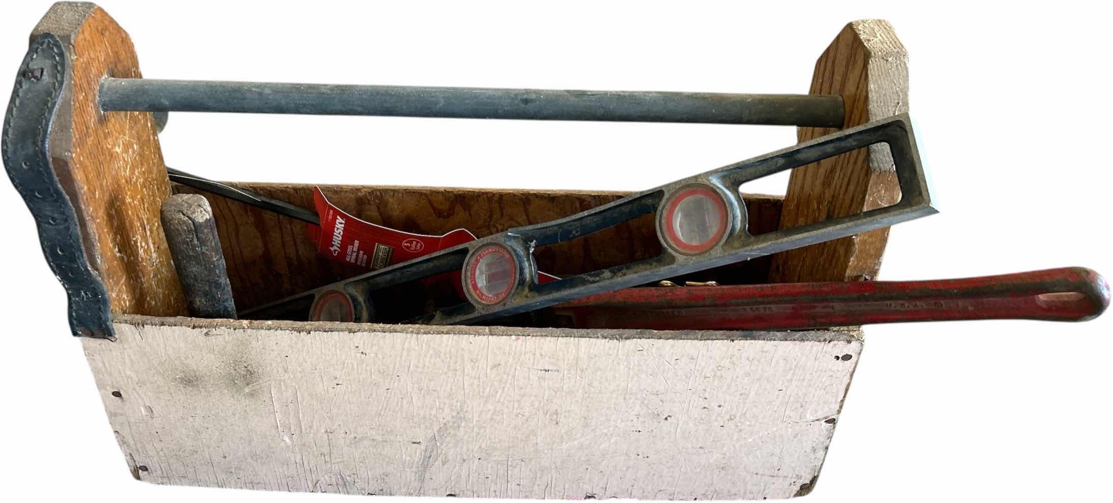 Photo 1 of HEAVY WOOD AND METAL TOOL BOX WITH CONTENTS