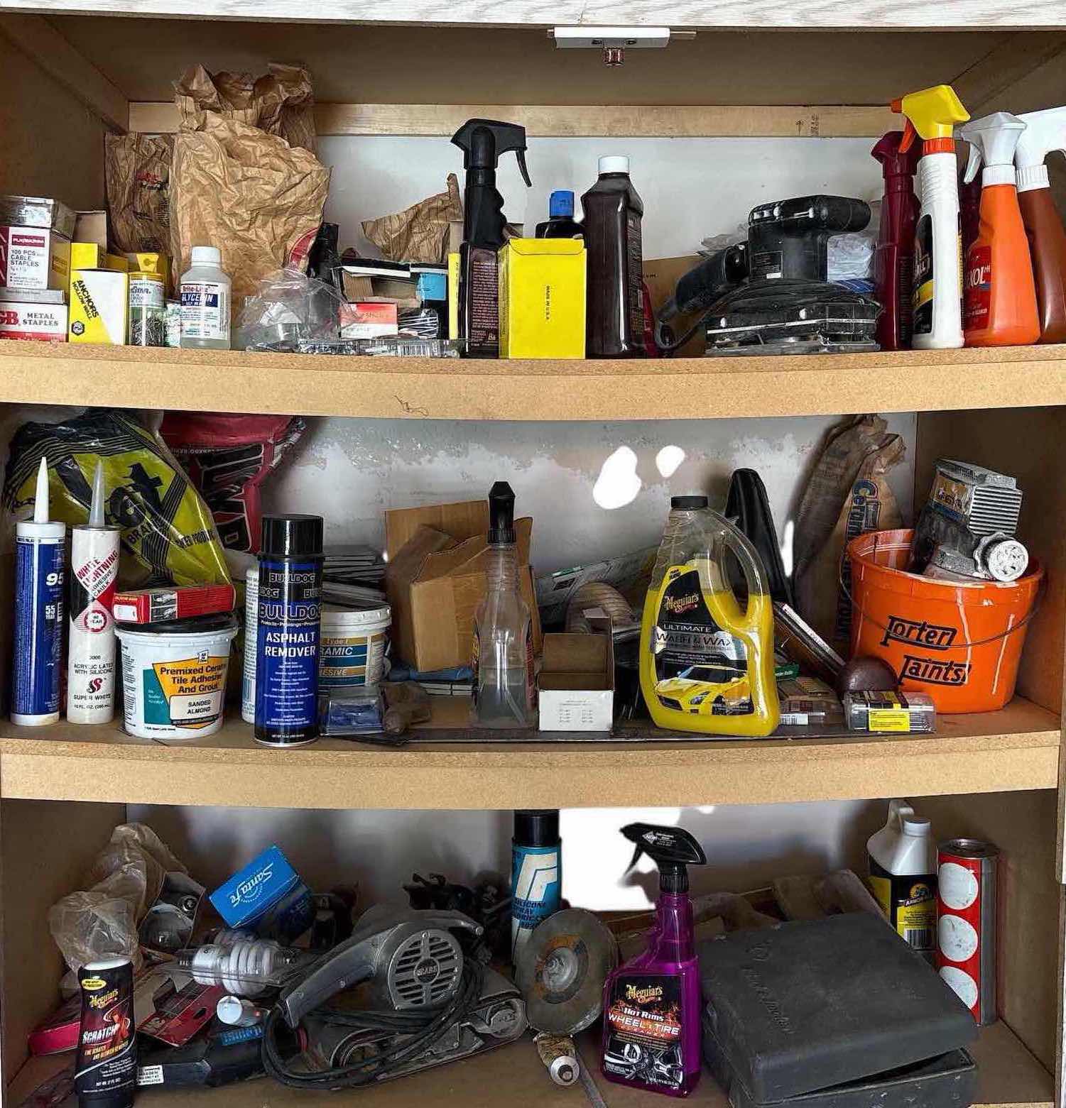 Photo 1 of CONTENTS OF THREE SHELVES IN GARAGE