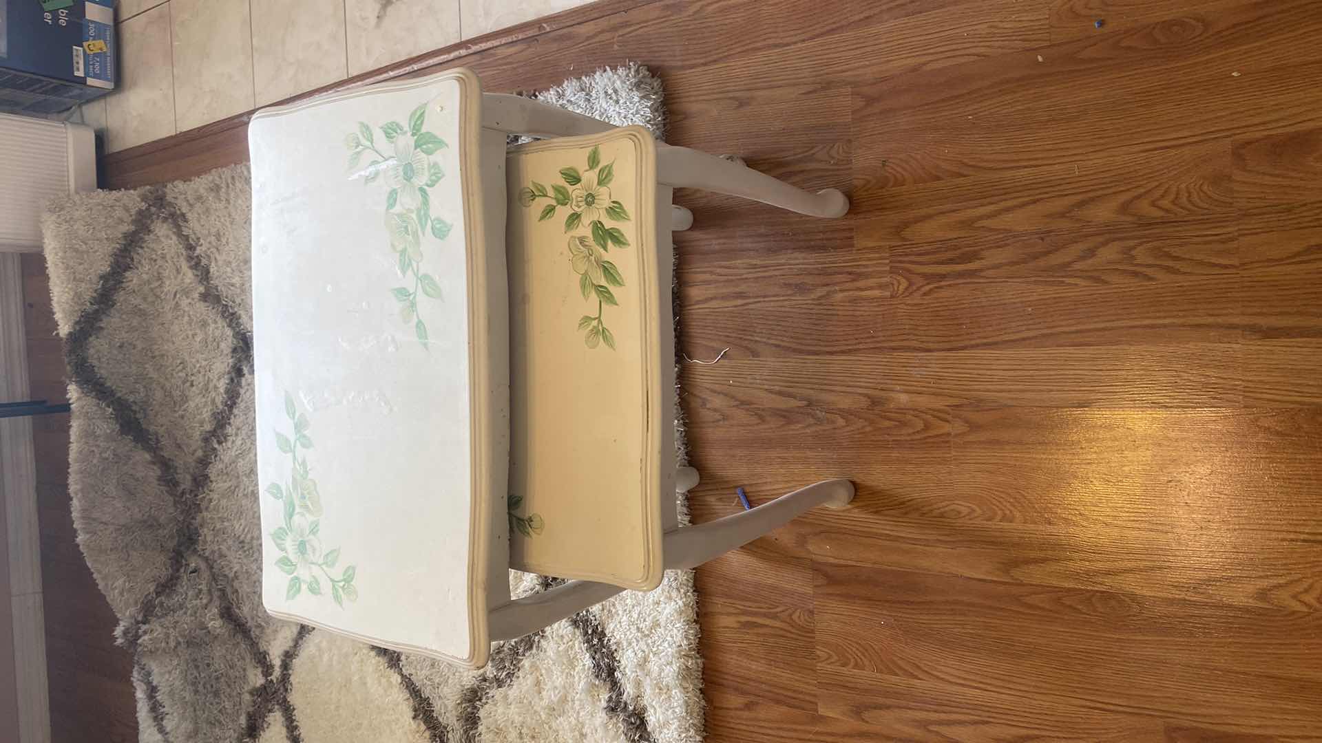 Photo 1 of 2 - STACKING HAND PAINTED TABLES 22 1/2” x 14” H 22”