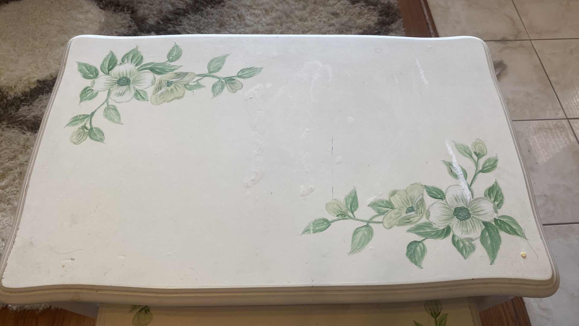 Photo 1 of 2 - STACKING HAND PAINTED TABLES 22 1/2” x 14” H 22”