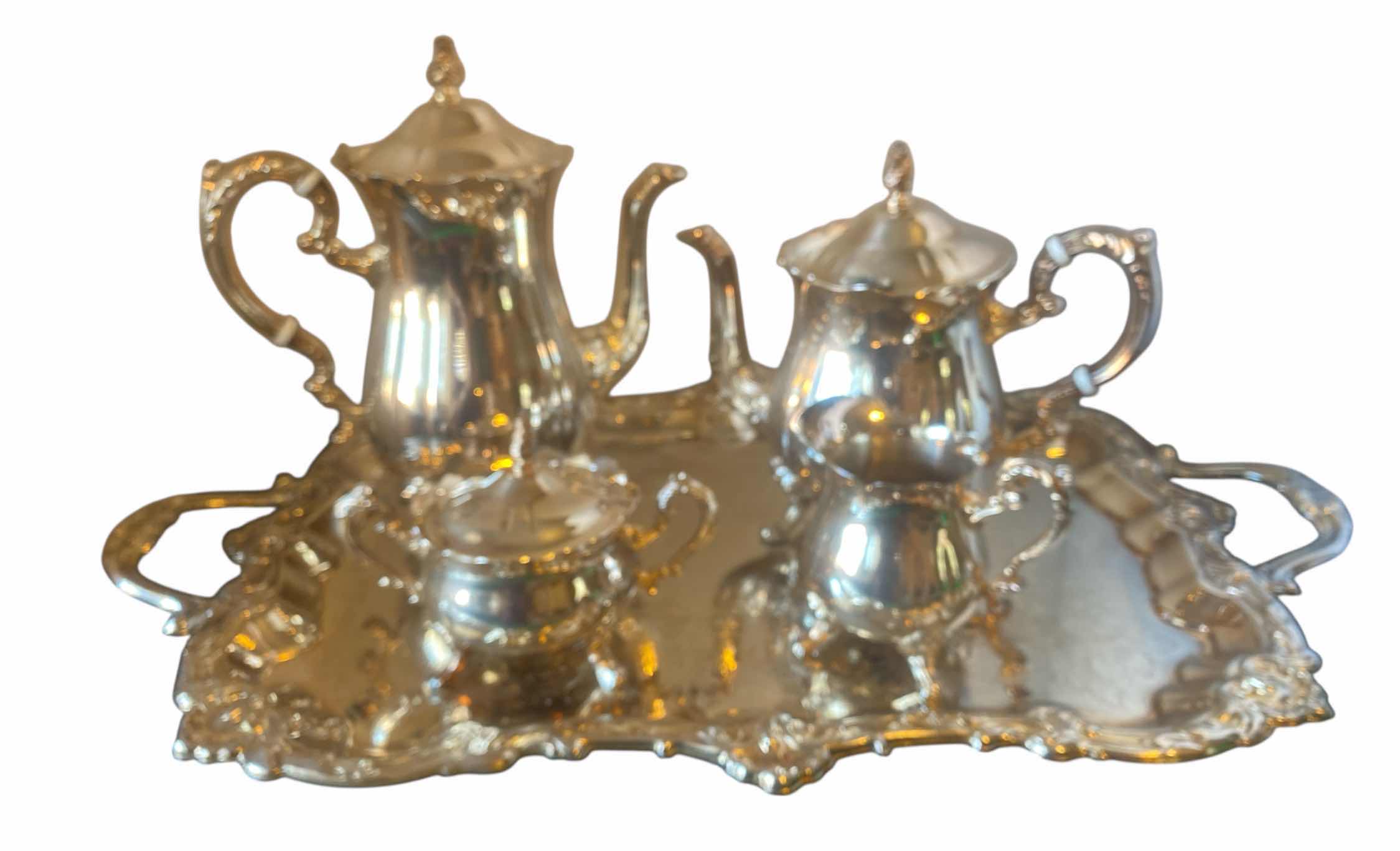 Photo 1 of SILVER-PLATE TRAY NO MARK & LEONARD SILVER PLATE TEA & COFFEE SET 4 PIECES