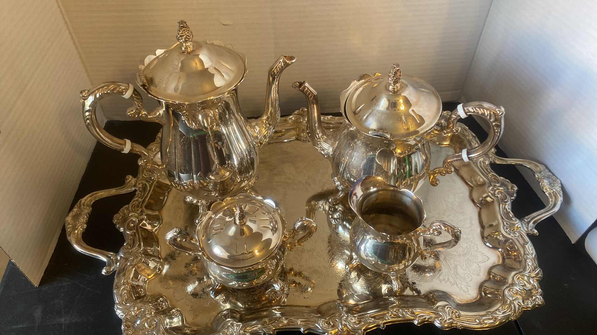 Photo 1 of SILVER-PLATE TRAY NO MARK & LEONARD SILVER PLATE TEA & COFFEE SET 4 PIECES