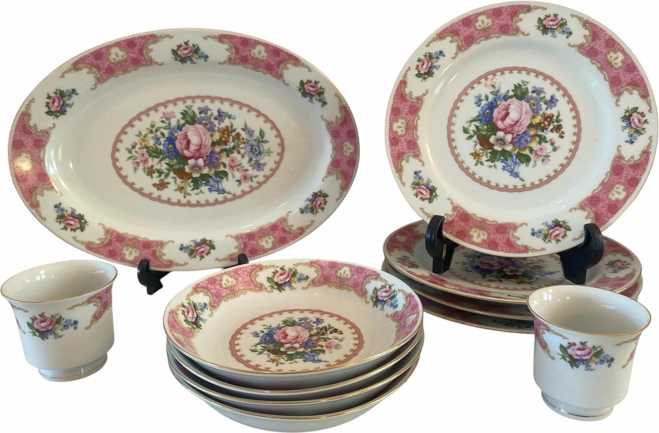 Photo 1 of 11 PIECES REMINGTON CHINA - 4 DINNER PLATES 10” 4 SOUP BOWLS PLATTER & 2 CUPS