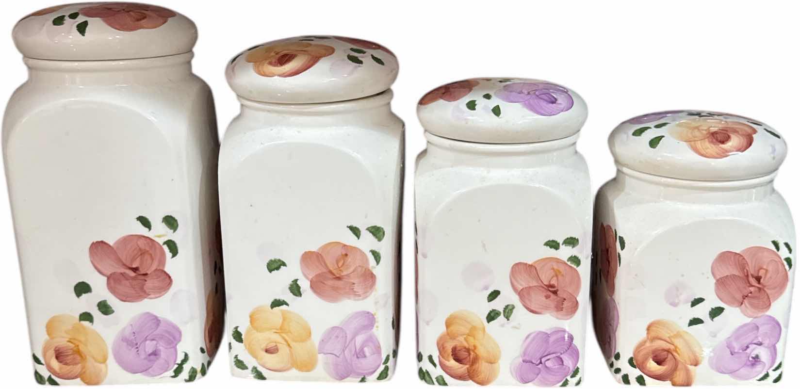 Photo 1 of 4- VINTAGE CERAMIC PLASTIC FLORAL DESIGN CANISTERS 
H11” AND SMALLER