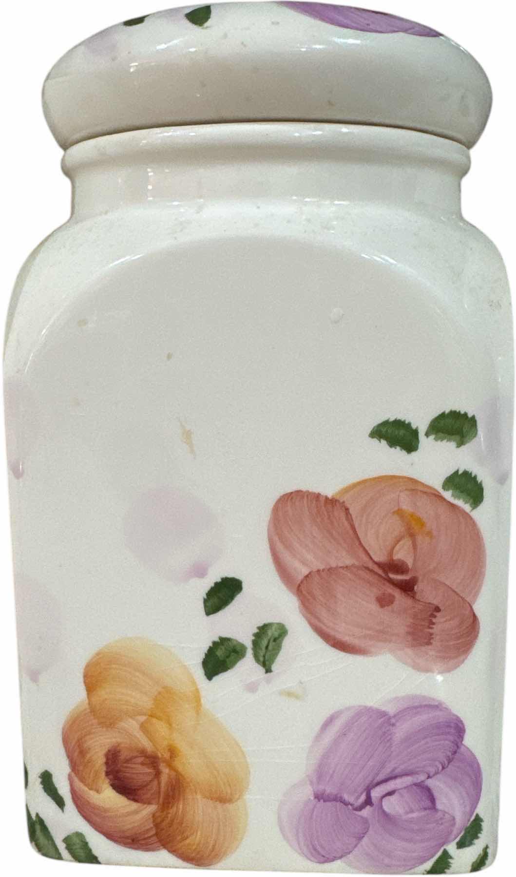 Photo 1 of 4- VINTAGE CERAMIC PLASTIC FLORAL DESIGN CANISTERS 
H11” AND SMALLER