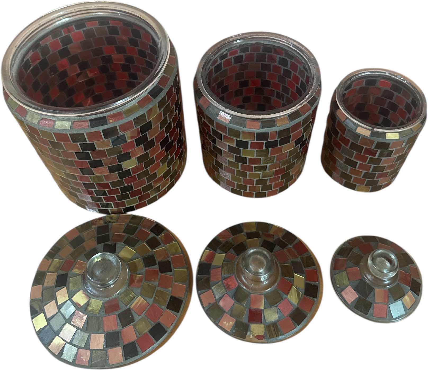 Photo 1 of 3- VINTAGE MOSAIC GLASS TILE CANISTER 
H10” AND SMALLER