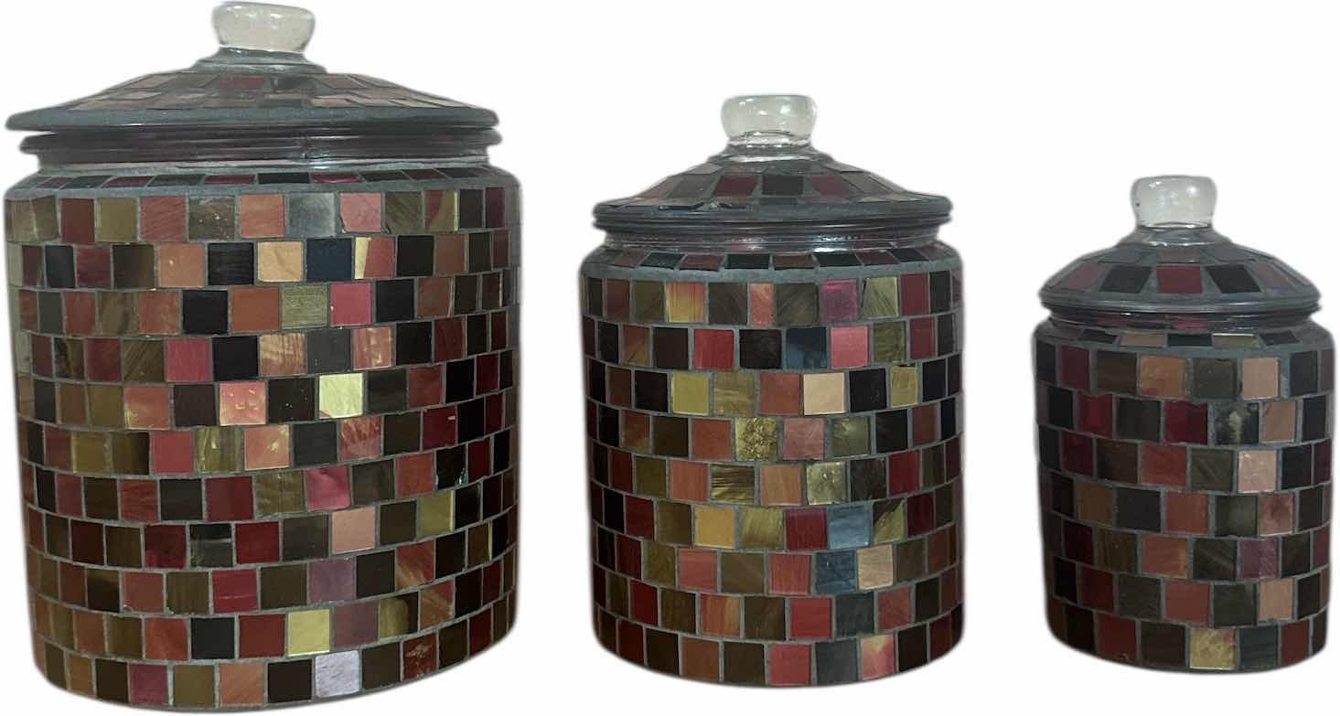 Photo 1 of 3- VINTAGE MOSAIC GLASS TILE CANISTER 
H10” AND SMALLER