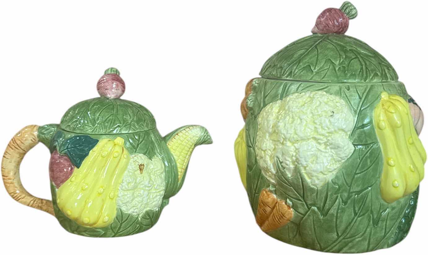 Photo 1 of 2- VINTAGE CERAMIC TEAPOT AND CANISTER VEGETABLE DESIGN 

H10” AND SMALLER