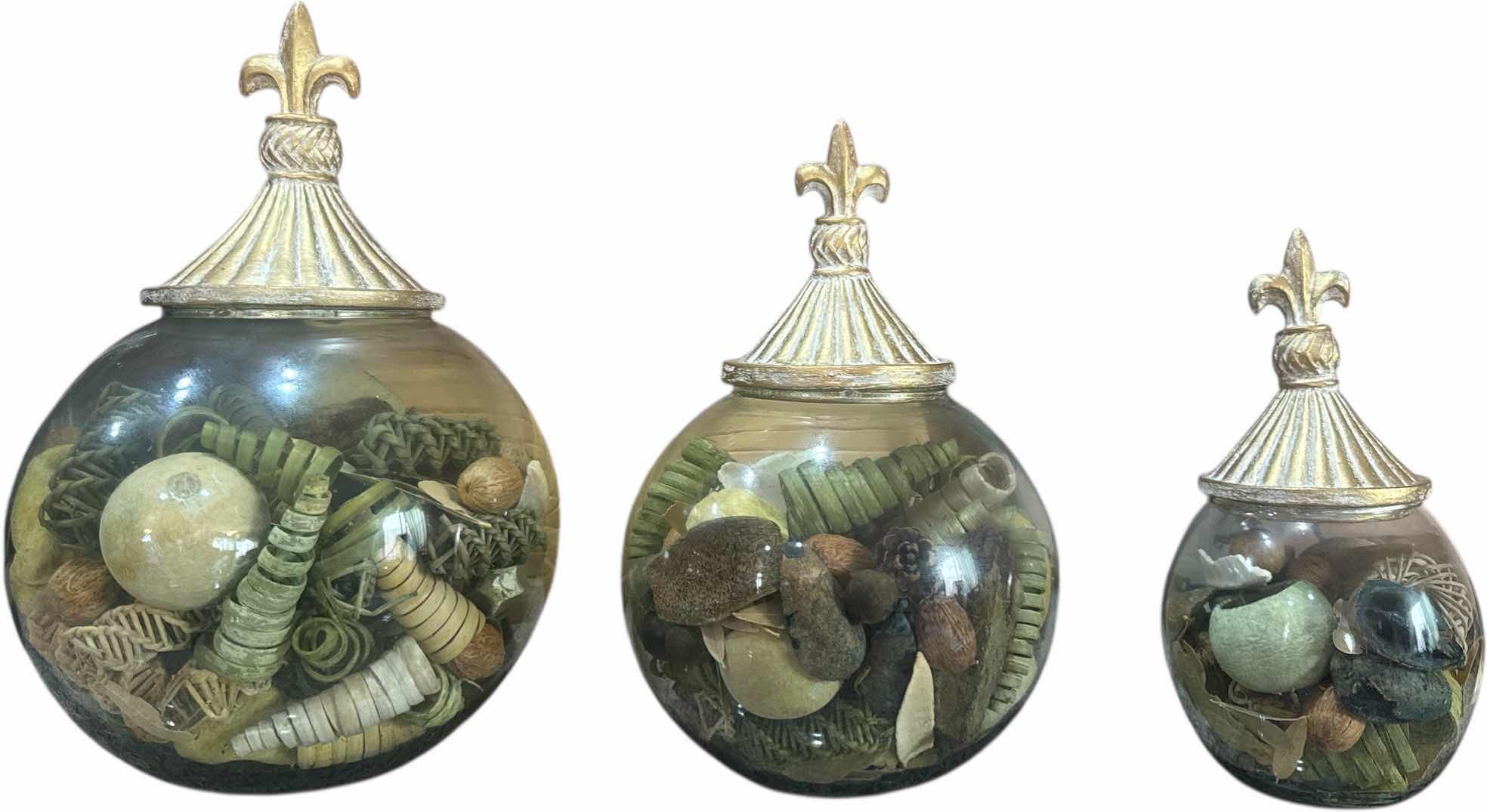 Photo 1 of 3-VINTAGE DISPLAY GLASS BOWLS WITH GOLD RESIN LIDS
H15” AND SMALLER