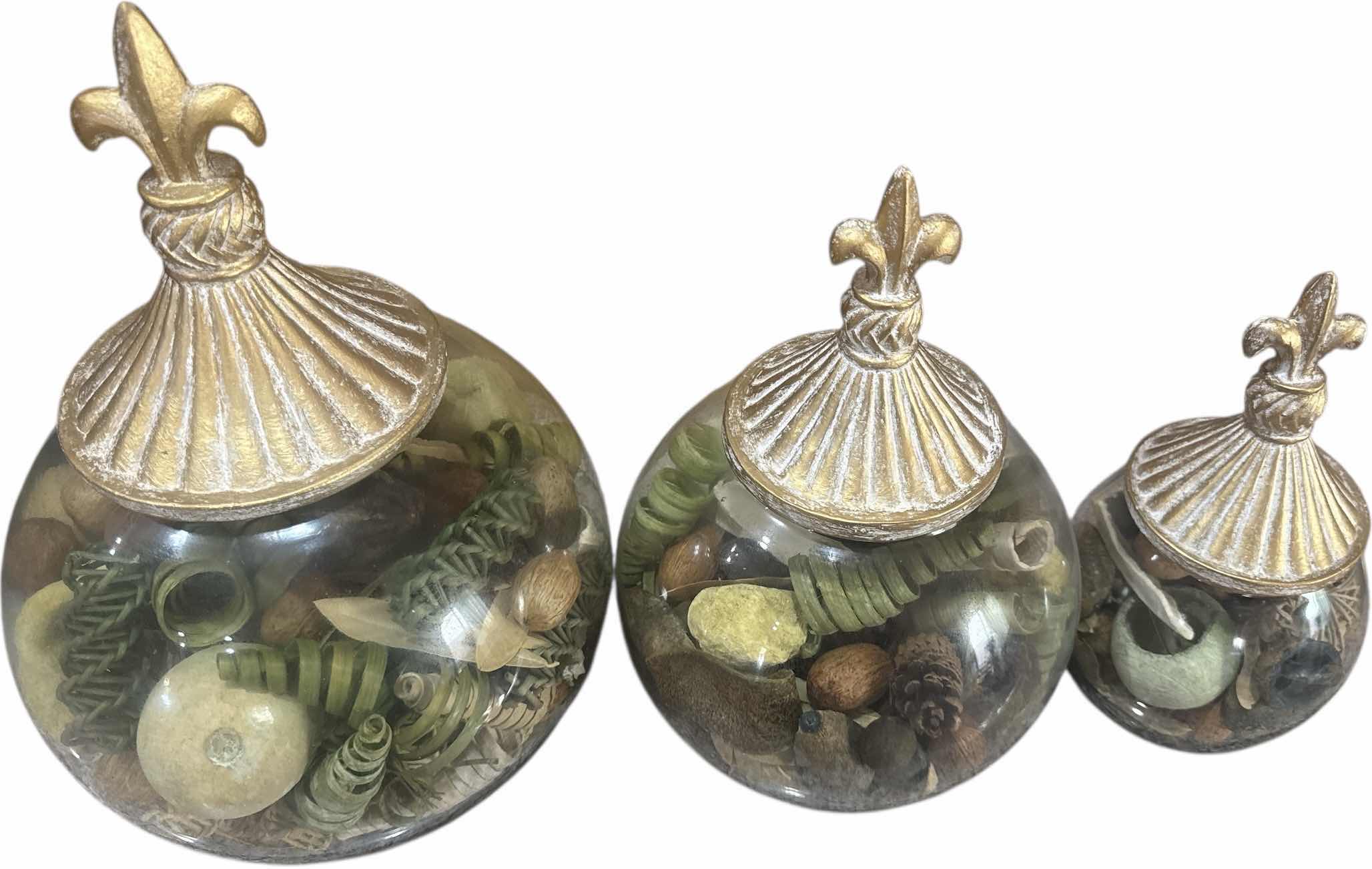 Photo 1 of 3-VINTAGE DISPLAY GLASS BOWLS WITH GOLD RESIN LIDS
H15” AND SMALLER