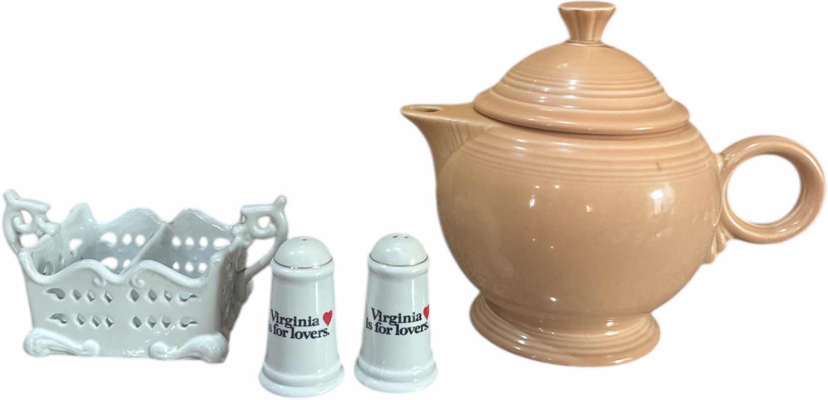 Photo 1 of 4- VINTAGE CERAMIC TEAPOT SUGAR TRAY SALT AND PEPPER SHAKER