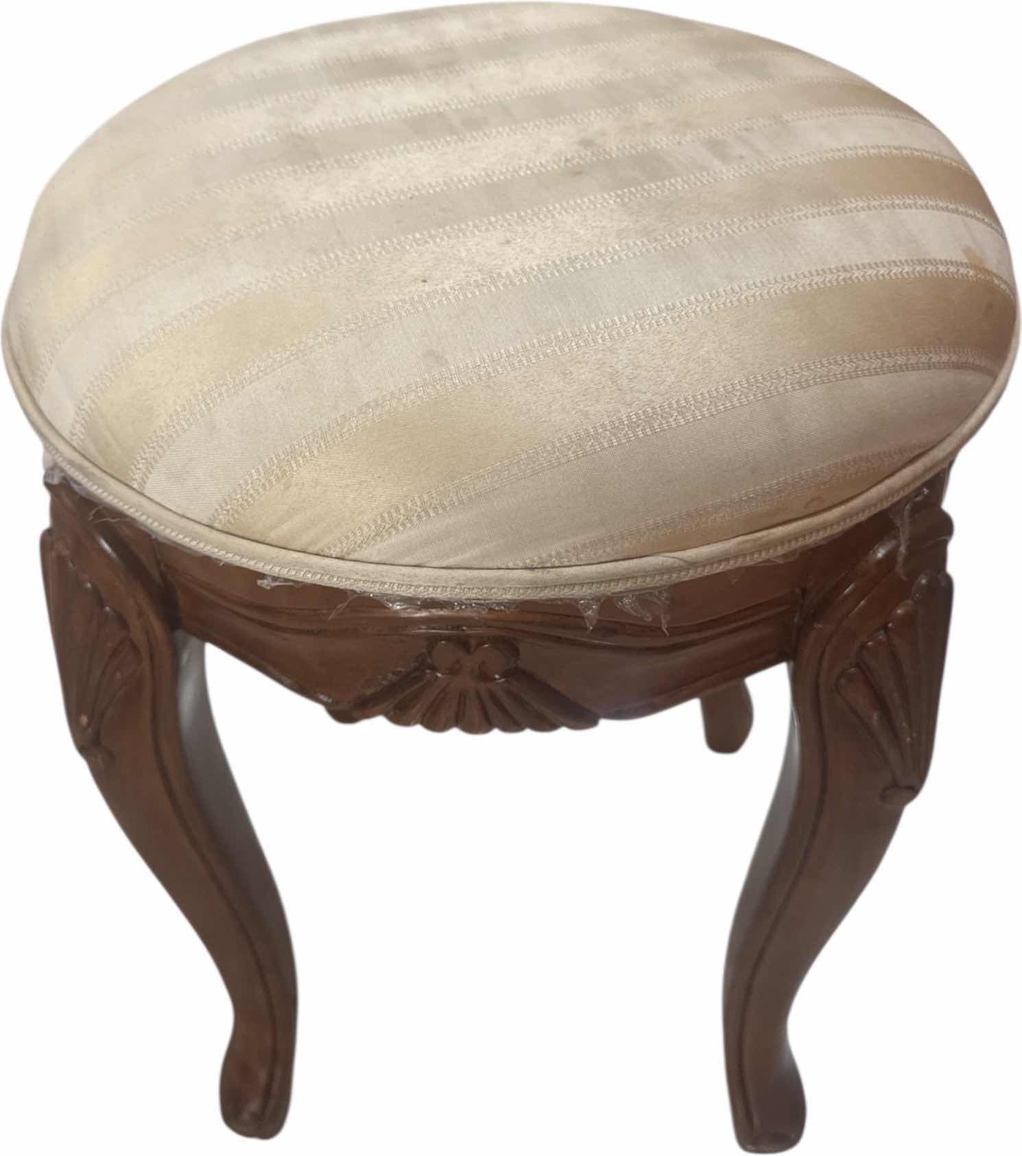 Photo 2 of 3- VINTAGE UPHOLSTERED WOODEN STOOLS AND FOOTREST METAL 
D16” X H20”