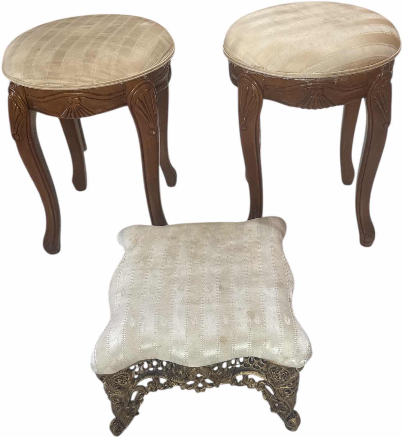 Photo 1 of 3- VINTAGE UPHOLSTERED WOODEN STOOLS AND FOOTREST METAL 
D16” X H20”