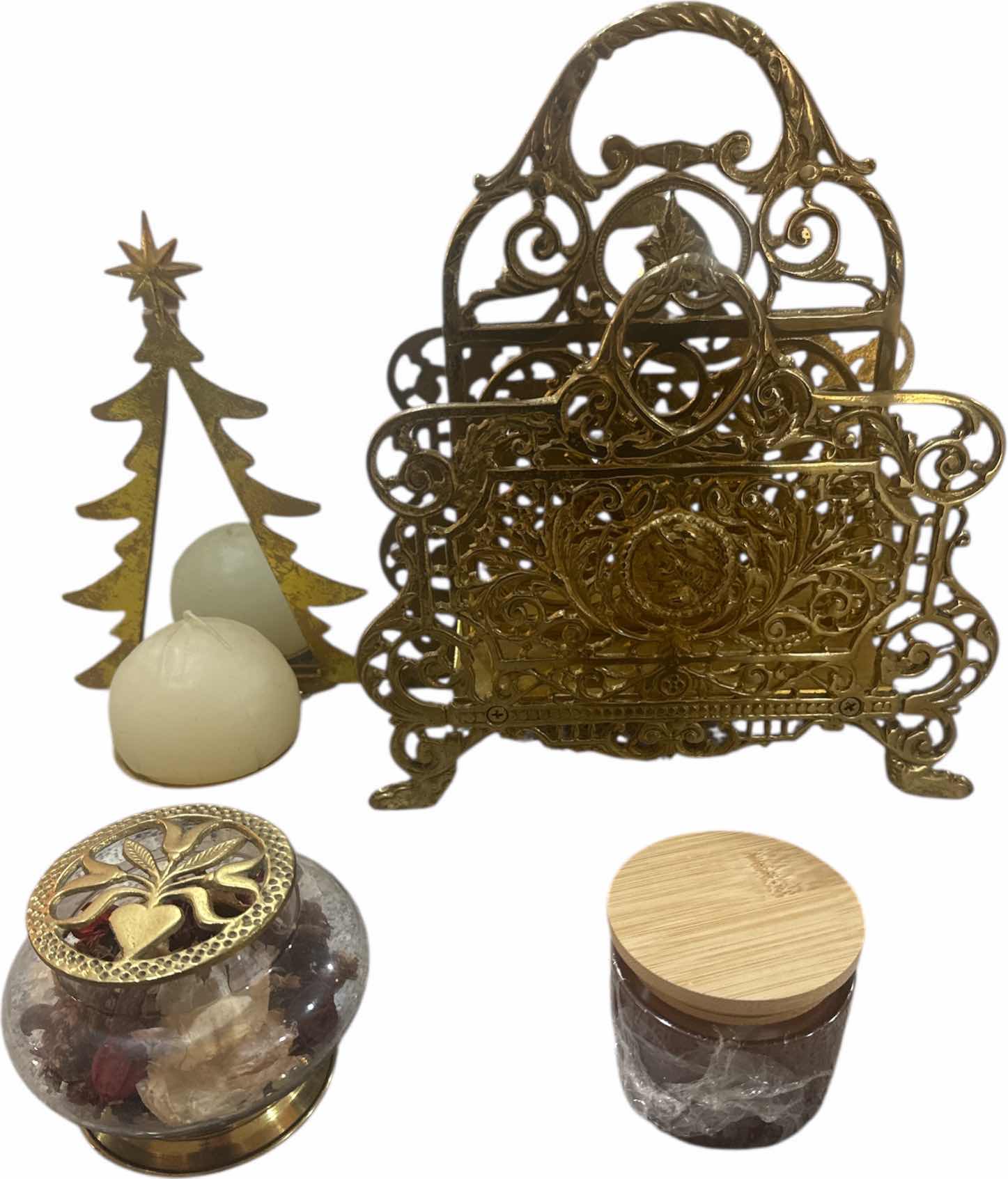 Photo 1 of 4- VINTAGE HOME DECOR CANDLE, CANDLE HOLDER POTPOURRI GLASS METAL HOLDER, MAIL OR FILE METAL HOLDER 
H12”