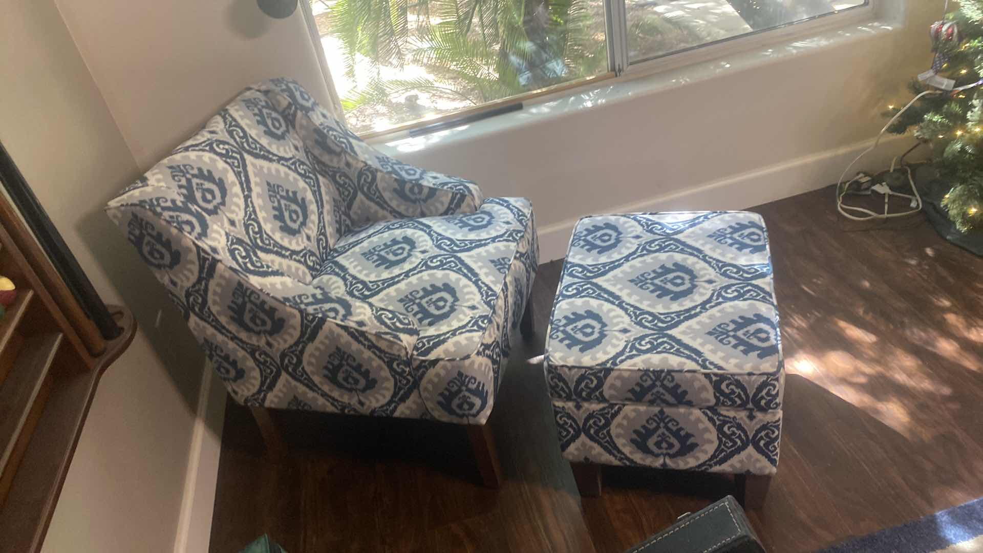 Photo 1 of CREAM BLUE & GRAY PRINT OCCASIONAL CHAIR WITH STORAGE OTTOMAN