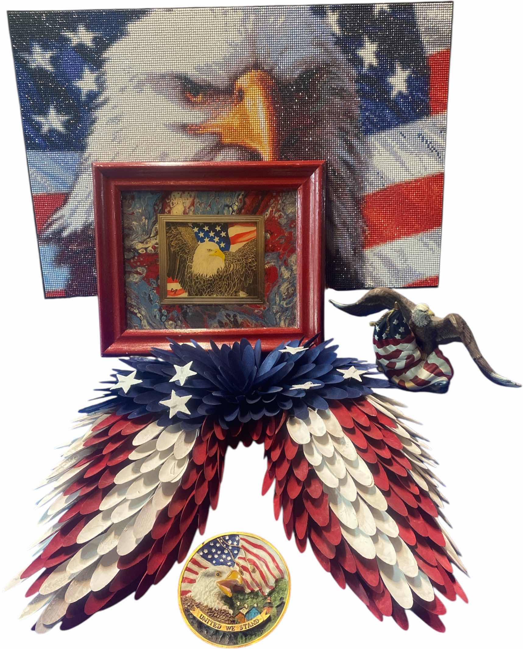 Photo 1 of 5-PATRIOTIC PLATE, FIGURINE 11” x 6, WALL WINGS & ARTWORK LARGEST 23” x 15”