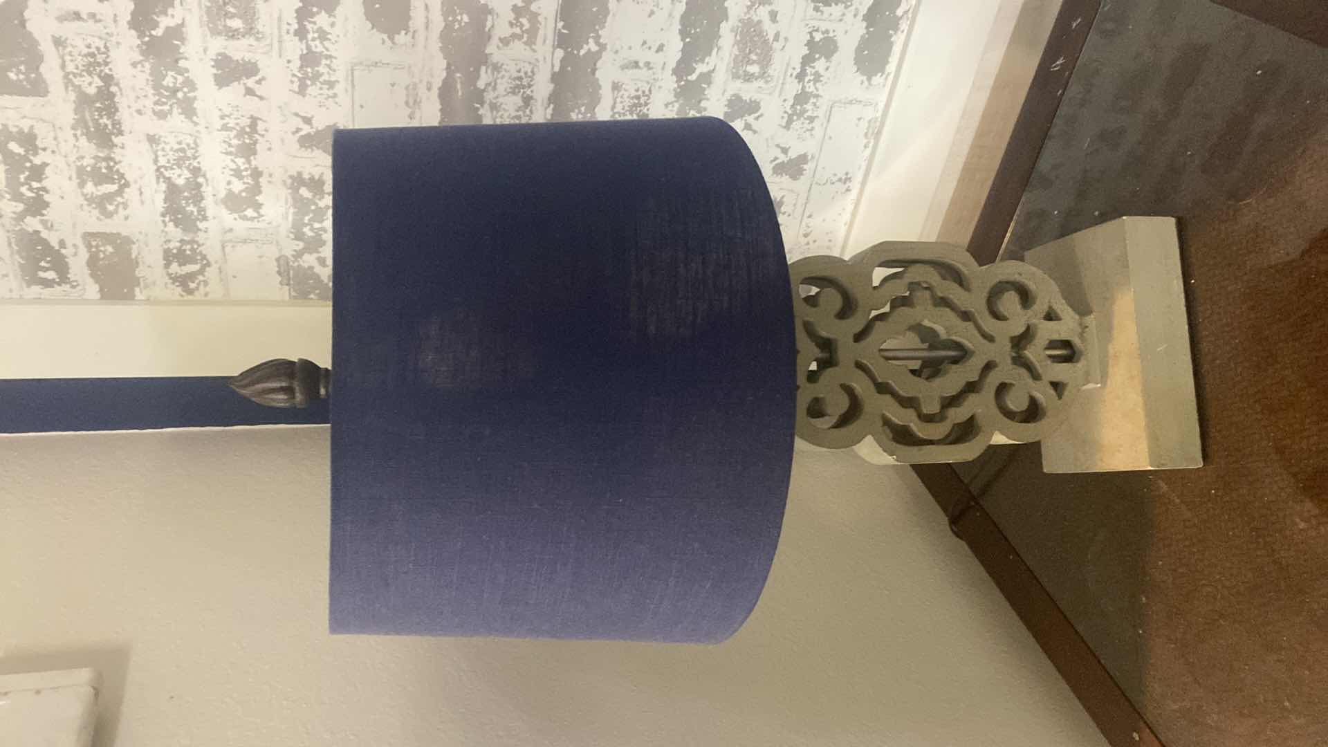 Photo 1 of GRAY WOOD TABLE LAMP WITH BLUE SHADE H27”