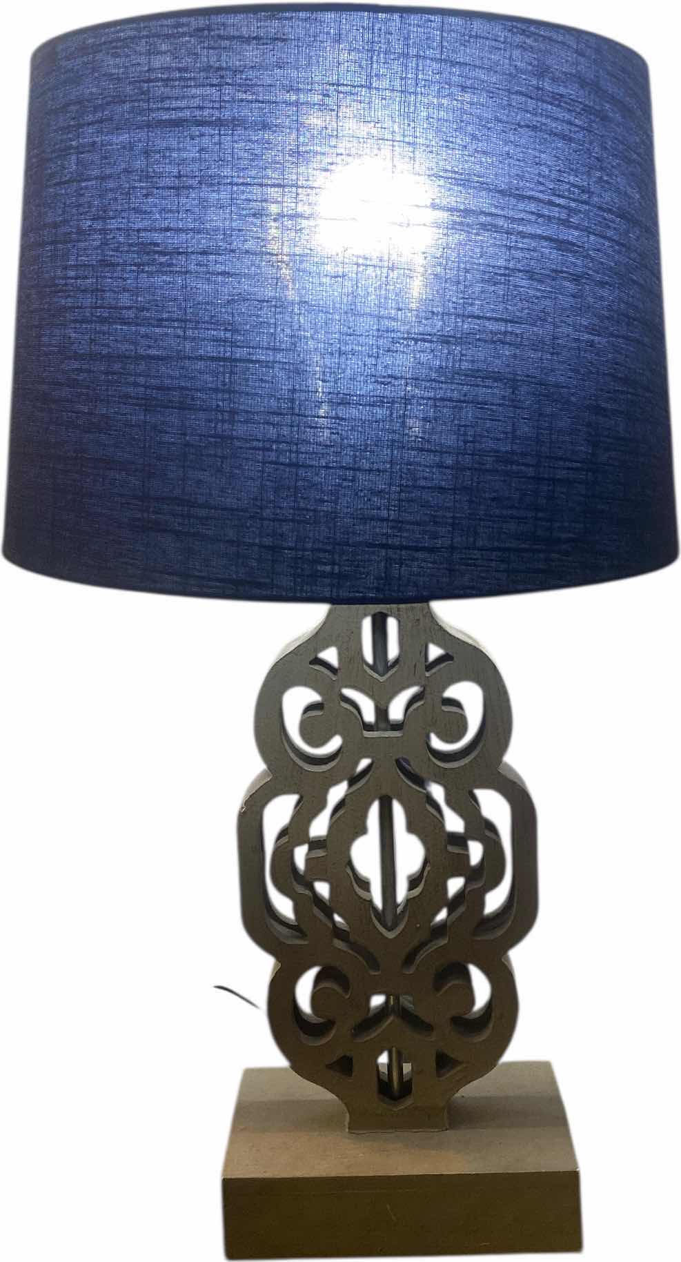 Photo 1 of GRAY WOOD TABLE LAMP WITH BLUE SHADE H27”