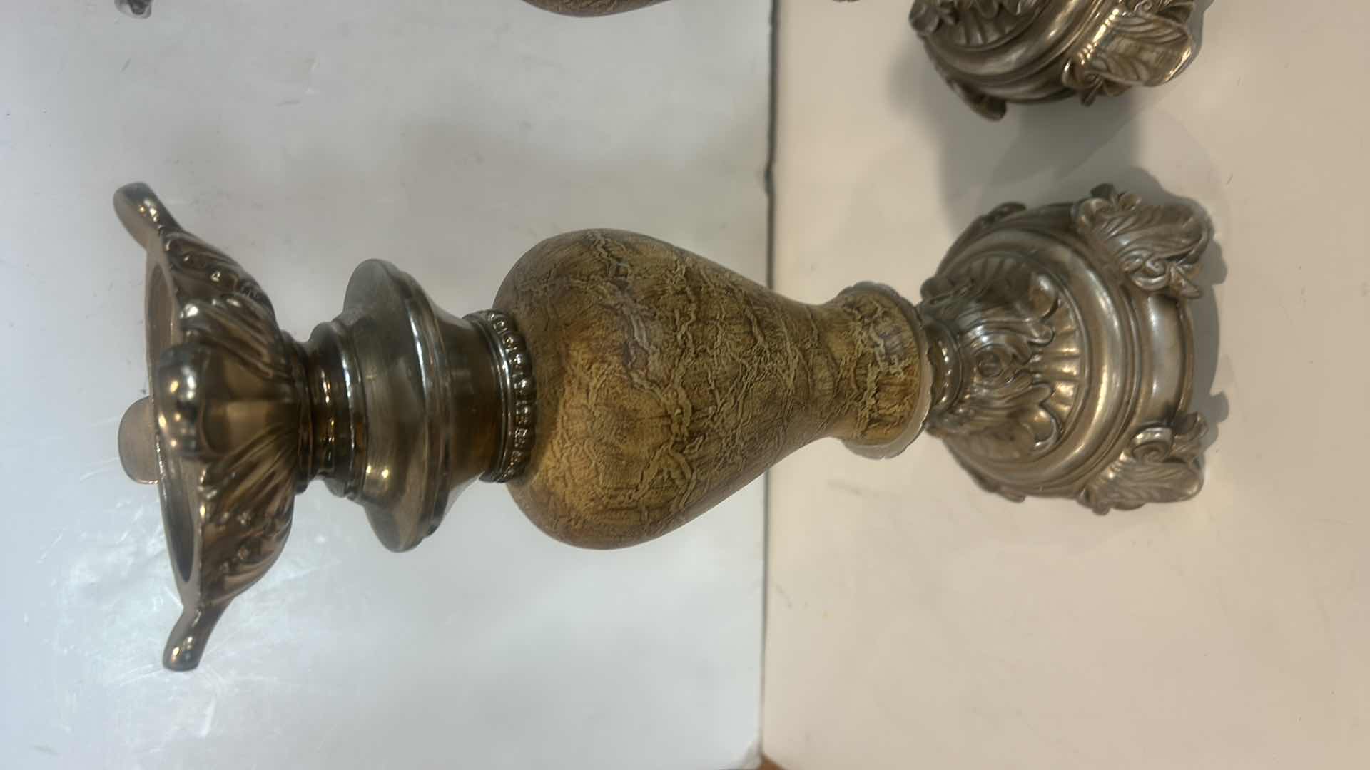 Photo 1 of 2 - SILVER TONE AND CERAMIC CANDLE HOLDERS H13.75”