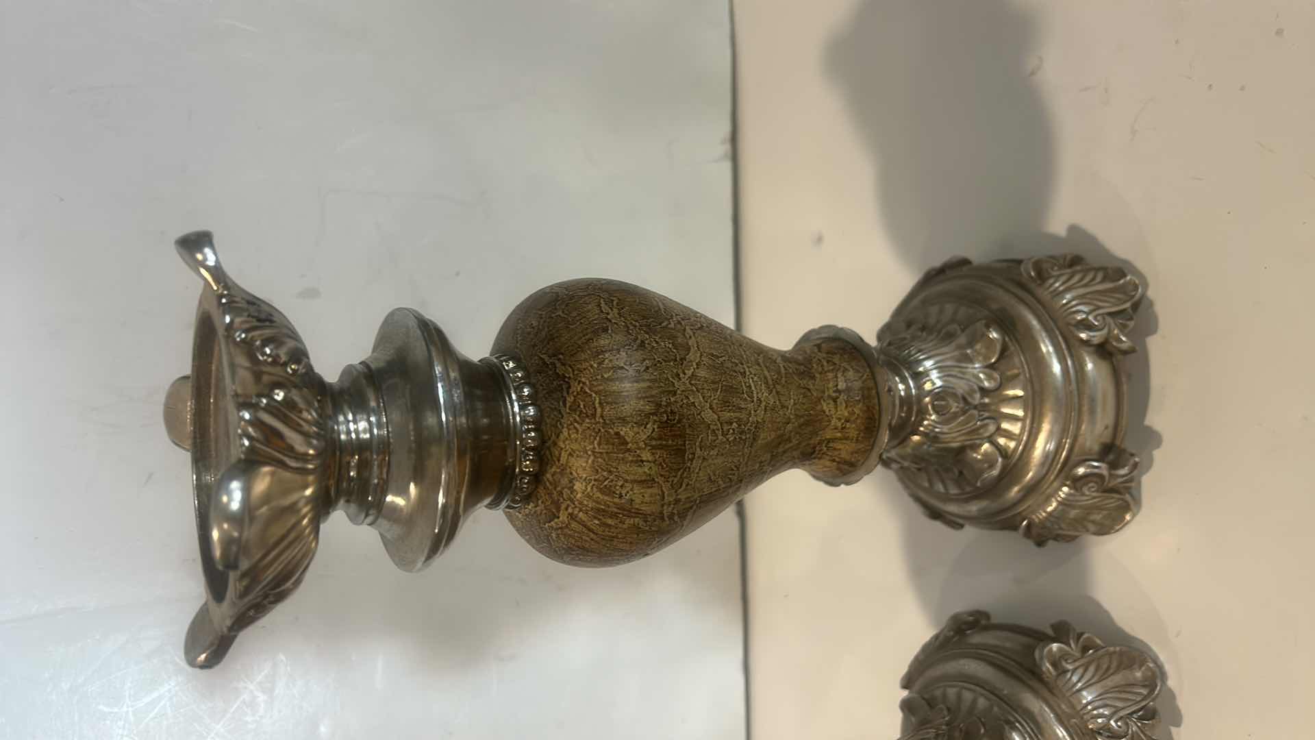 Photo 1 of 2 - SILVER TONE AND CERAMIC CANDLE HOLDERS H13.75”