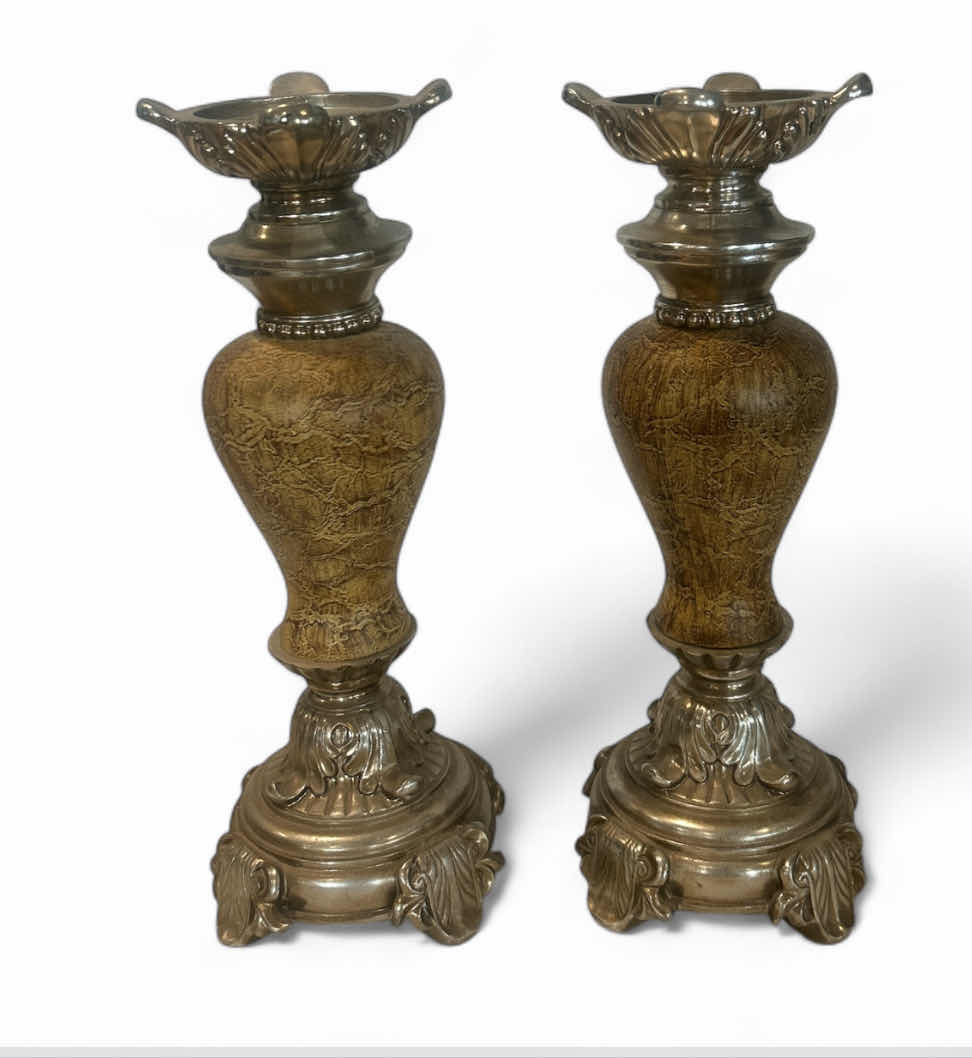 Photo 1 of 2 - SILVER TONE AND CERAMIC CANDLE HOLDERS H13.75”