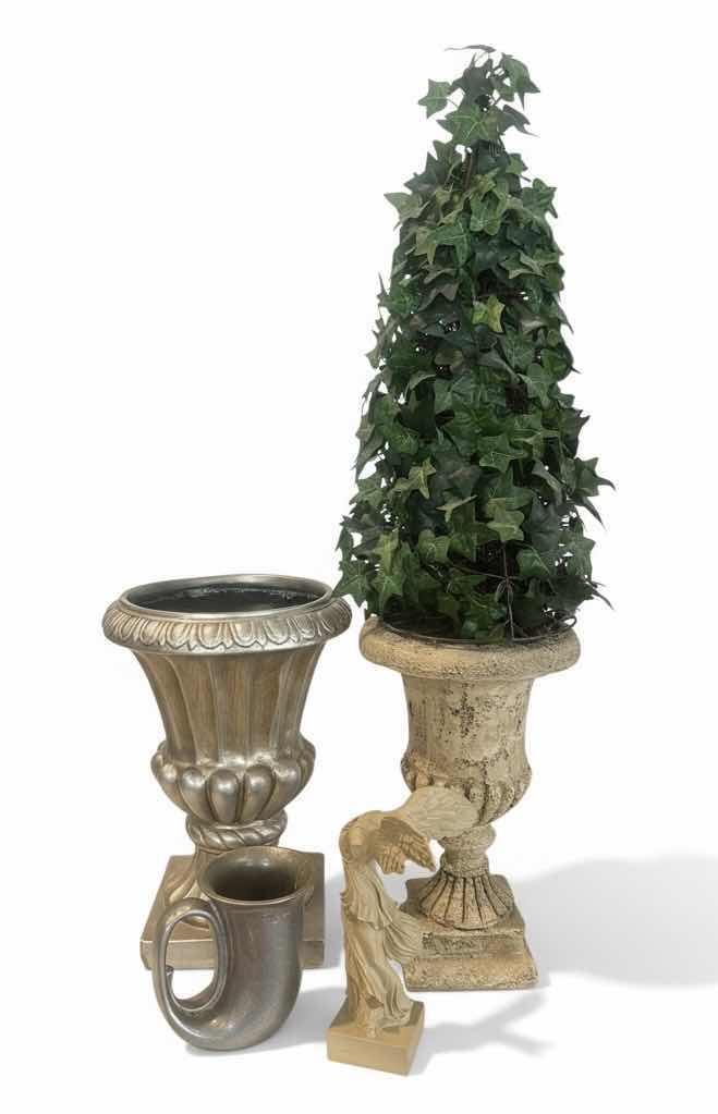Photo 1 of 4 PC HOME DECOR - TOPIARY, POTTERY, STATUE AND PEWTER MUG (TALLEST H 30”)