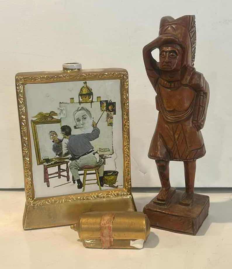 Photo 1 of NORMAN ROCKWELL KENTUCKY STRAIGHT BOURBON & CARVED WOOD INDIAN ALASKA H 12”