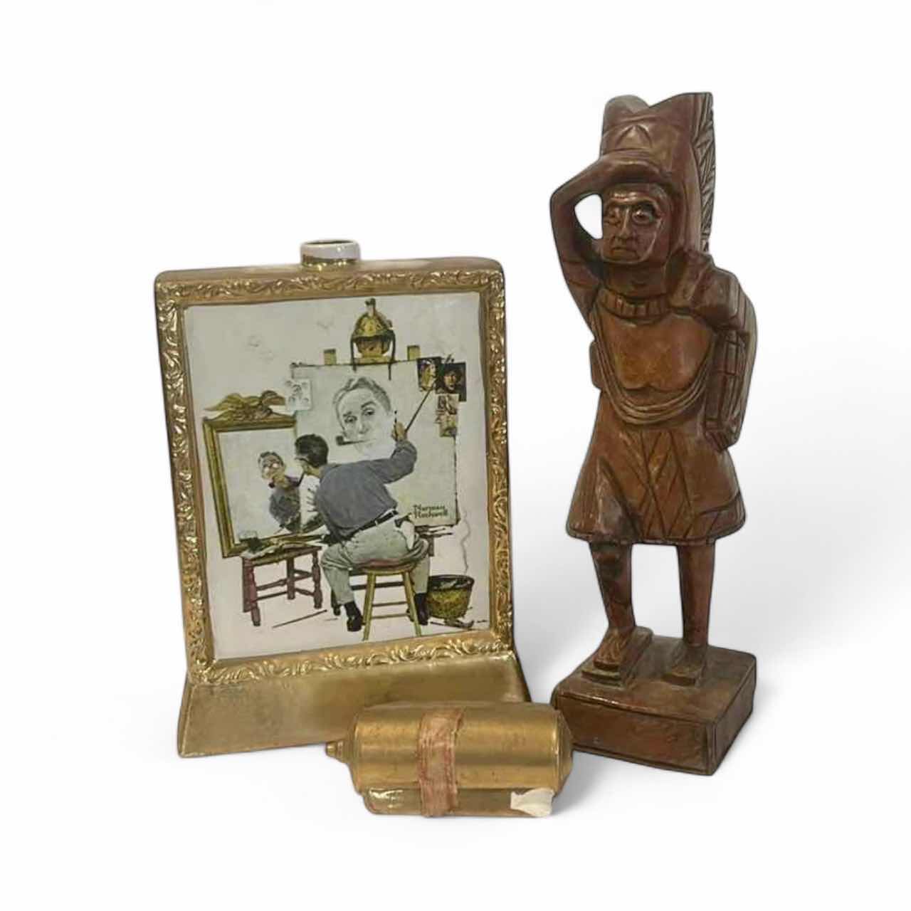Photo 1 of NORMAN ROCKWELL KENTUCKY STRAIGHT BOURBON & CARVED WOOD INDIAN ALASKA H 12”